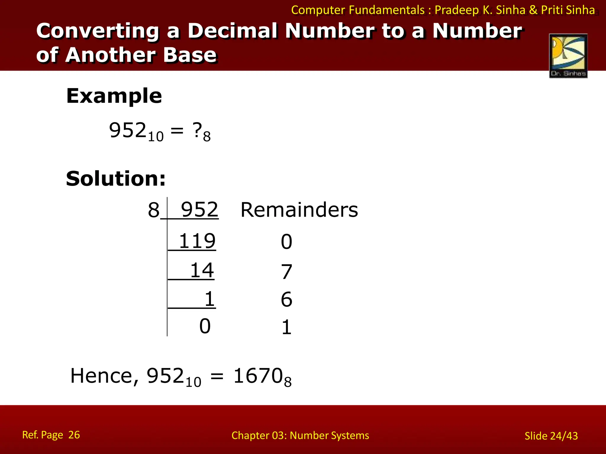 Computer Fundamentals : Pradeep K. Sinha & Priti Sinha
Example
95210 = ?8
Solution:
0
8 952 Remainders
119 0
14 7
1 6
1
Hence, 95210 = 16708
Converting a Decimal Number to a Number
of Another Base
Ref. Page 26 Chapter 03: Number Systems Slide 24/43
 