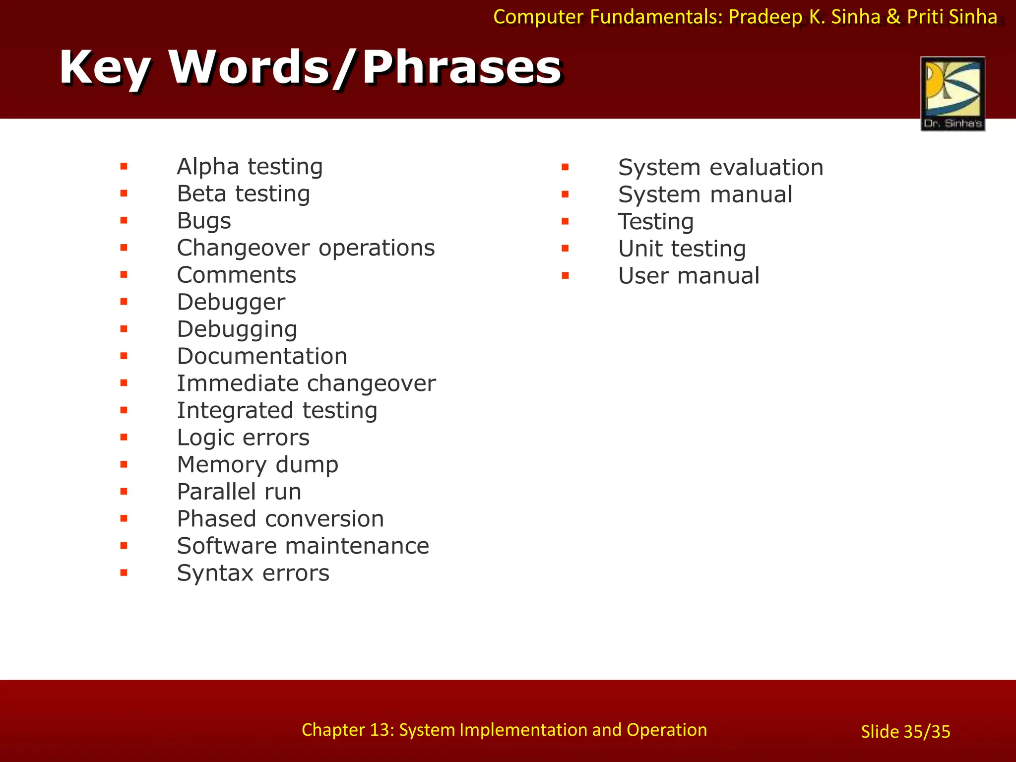 Computer Fundamentals: Pradeep K. Sinha & Priti Sinha
 Alpha testing
 Beta testing
 Bugs
 Changeover operations
 Comments
 Debugger
 Debugging
 Documentation
 Immediate changeover
 Integrated testing
 Logic errors
 Memory dump
 Parallel run
 Phased conversion
 Software maintenance
 Syntax errors
Key Words/Phrases
Chapter 13: System Implementation and Operation Slide 35/35
 System evaluation
 System manual
 Testing
 Unit testing
 User manual
 
