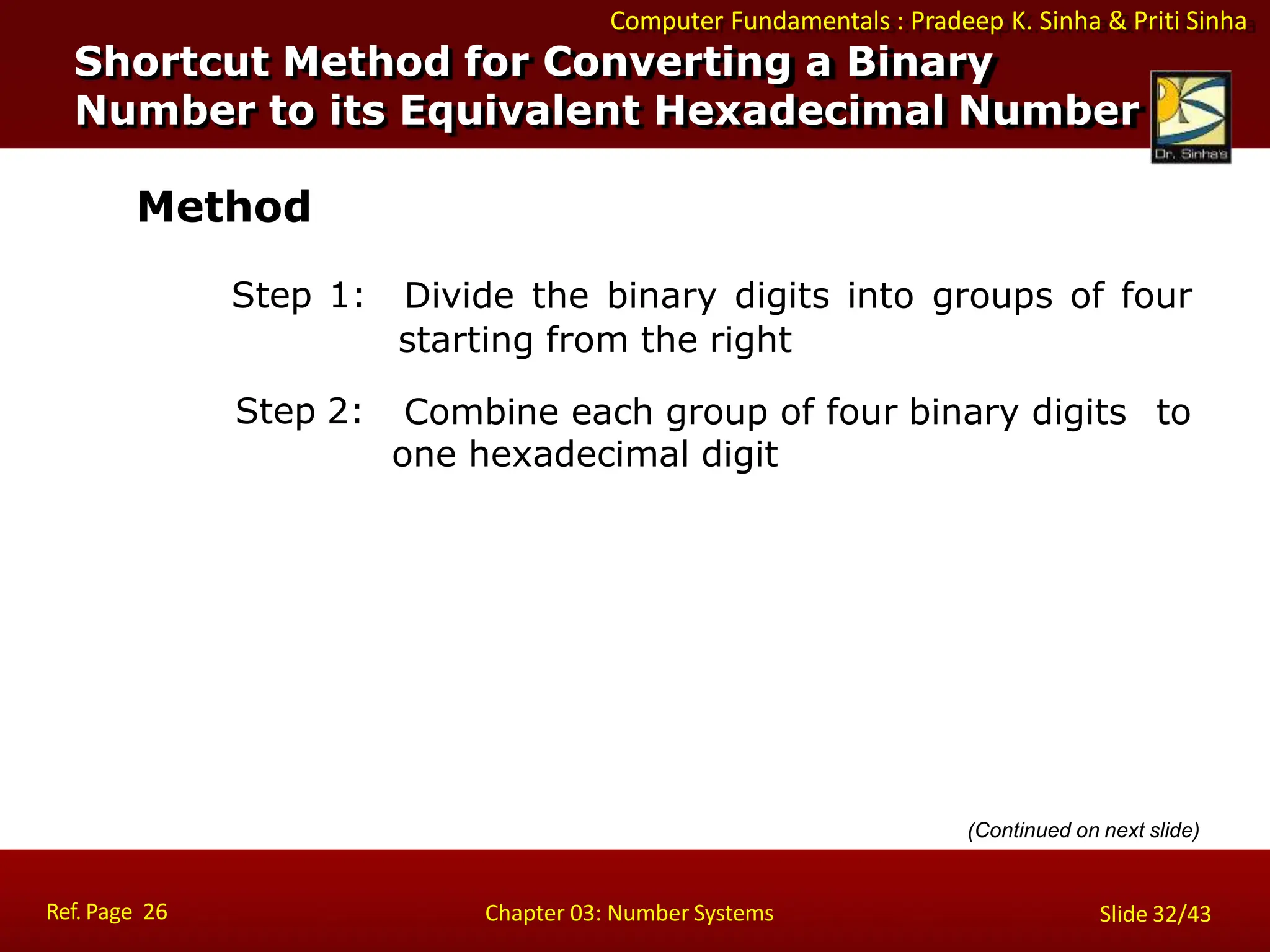 Computer Fundamentals : Pradeep K. Sinha & Priti Sinha
Method
Step 1:
Ref. Page 26 Chapter 03: Number Systems Slide 32/43
Divide the binary digits into groups of four
starting from the right
Combine each group of four binary digits to
one hexadecimal digit
Step 2:
Shortcut Method for Converting a Binary
Number to its Equivalent Hexadecimal Number
(Continued on next slide)
 