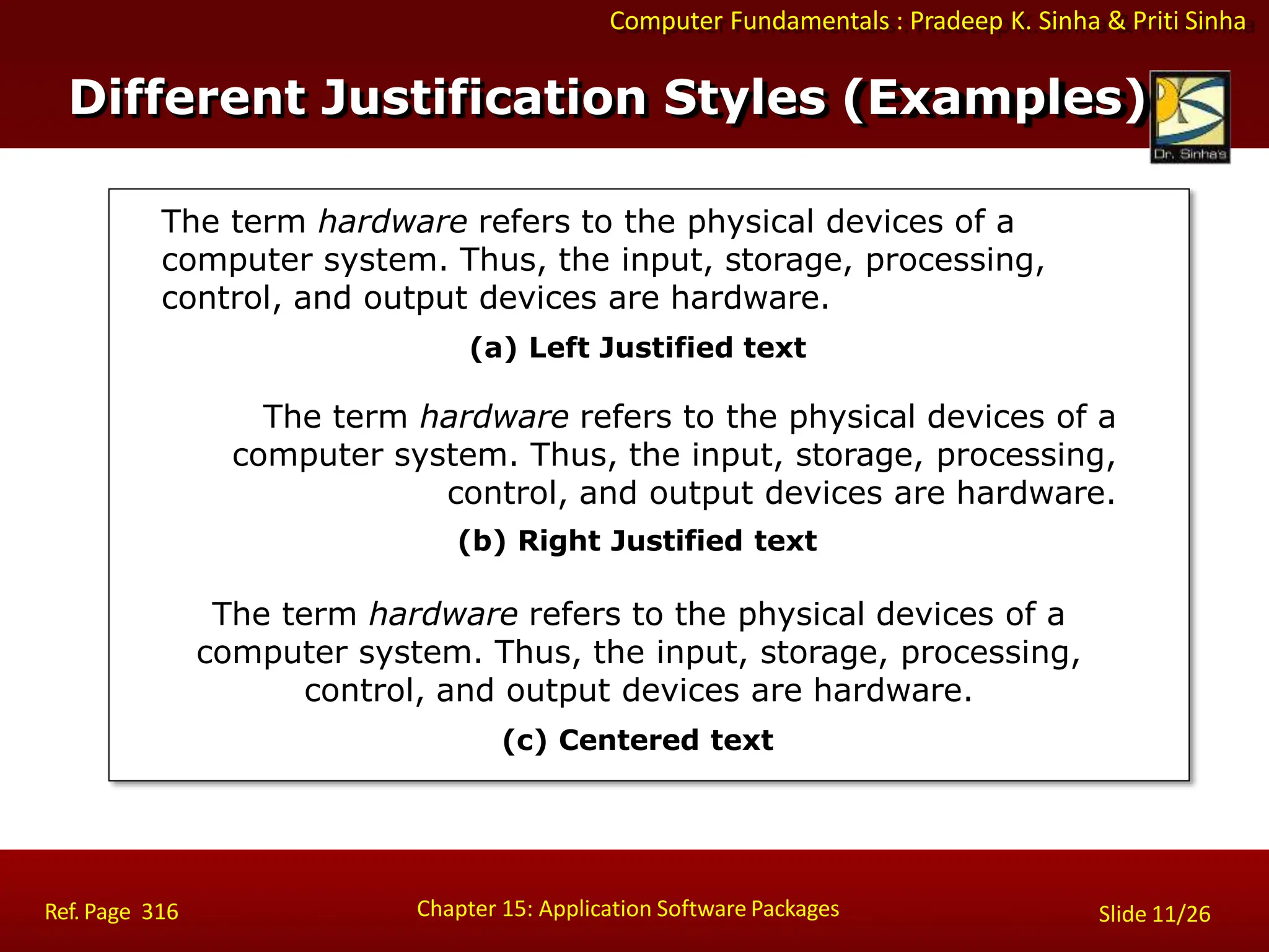 Computer Fundamentals : Pradeep K. Sinha & Priti Sinha
The term hardware refers to the physical devices of a
computer system. Thus, the input, storage, processing,
control, and output devices are hardware.
(a) Left Justified text
The term hardware refers to the physical devices of a
computer system. Thus, the input, storage, processing,
control, and output devices are hardware.
(b) Right Justified text
The term hardware refers to the physical devices of a
computer system. Thus, the input, storage, processing,
control, and output devices are hardware.
(c) Centered text
Chapter 15: Application Software Packages
Ref. Page 316 Slide 11/26
Different Justification Styles (Examples)
 