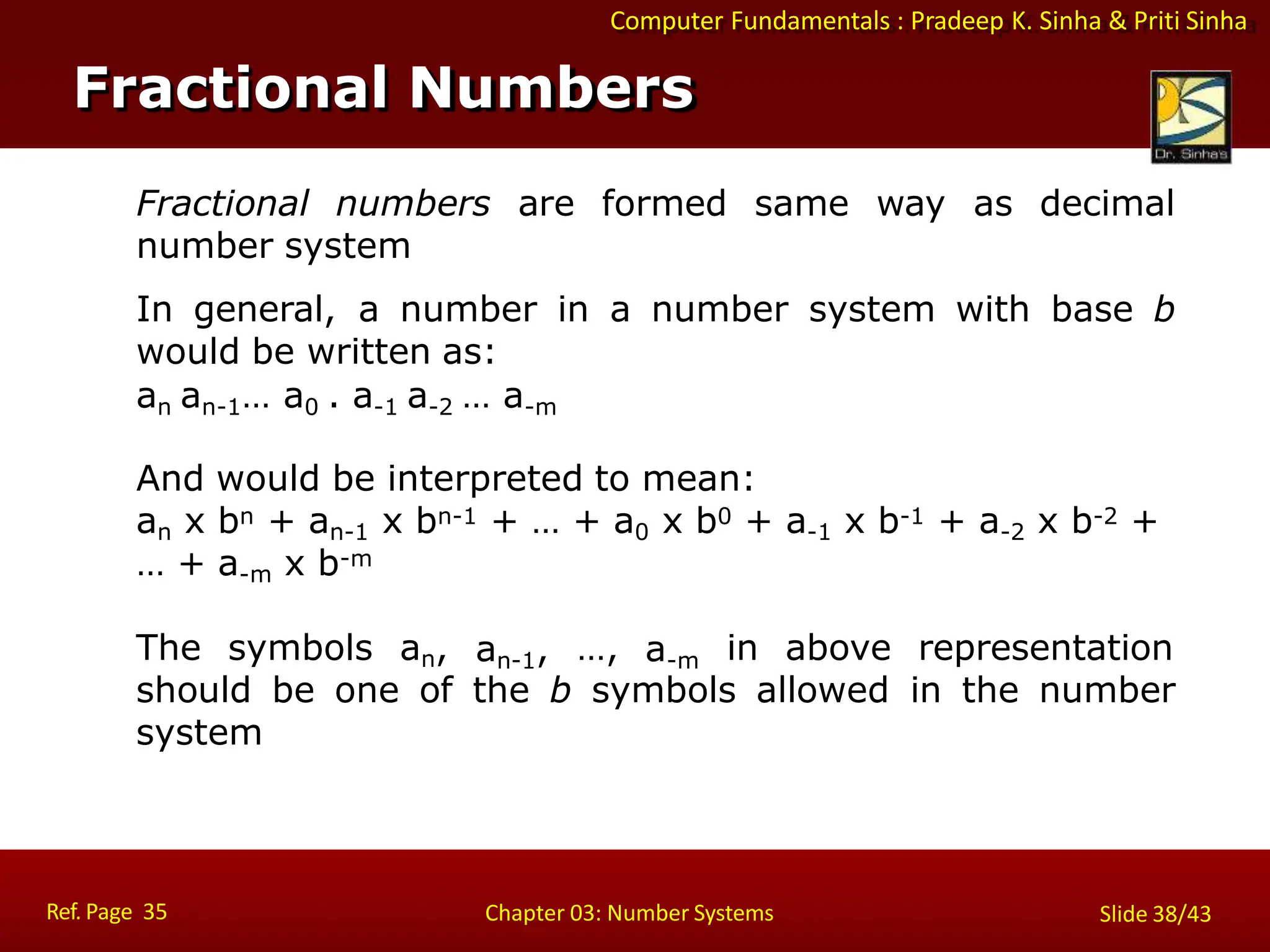 Computer Fundamentals : Pradeep K. Sinha & Priti Sinha
Fractional Numbers
Ref. Page 35 Chapter 03: Number Systems Slide 38/43
Fractional numbers are formed same way as decimal
number system
In general, a number in a number system with base b
would be written as:
an an-1… a0 . a-1 a-2 … a-m
And would be interpreted to mean:
an x bn + an-1 x bn-1 + … + a0 x b0 + a-1 x b-1 + a-2 x b-2 +
… + a-m x b-m
The symbols an, an-1, a-m
…, in above representation
should be one of the b symbols allowed in the number
system
 