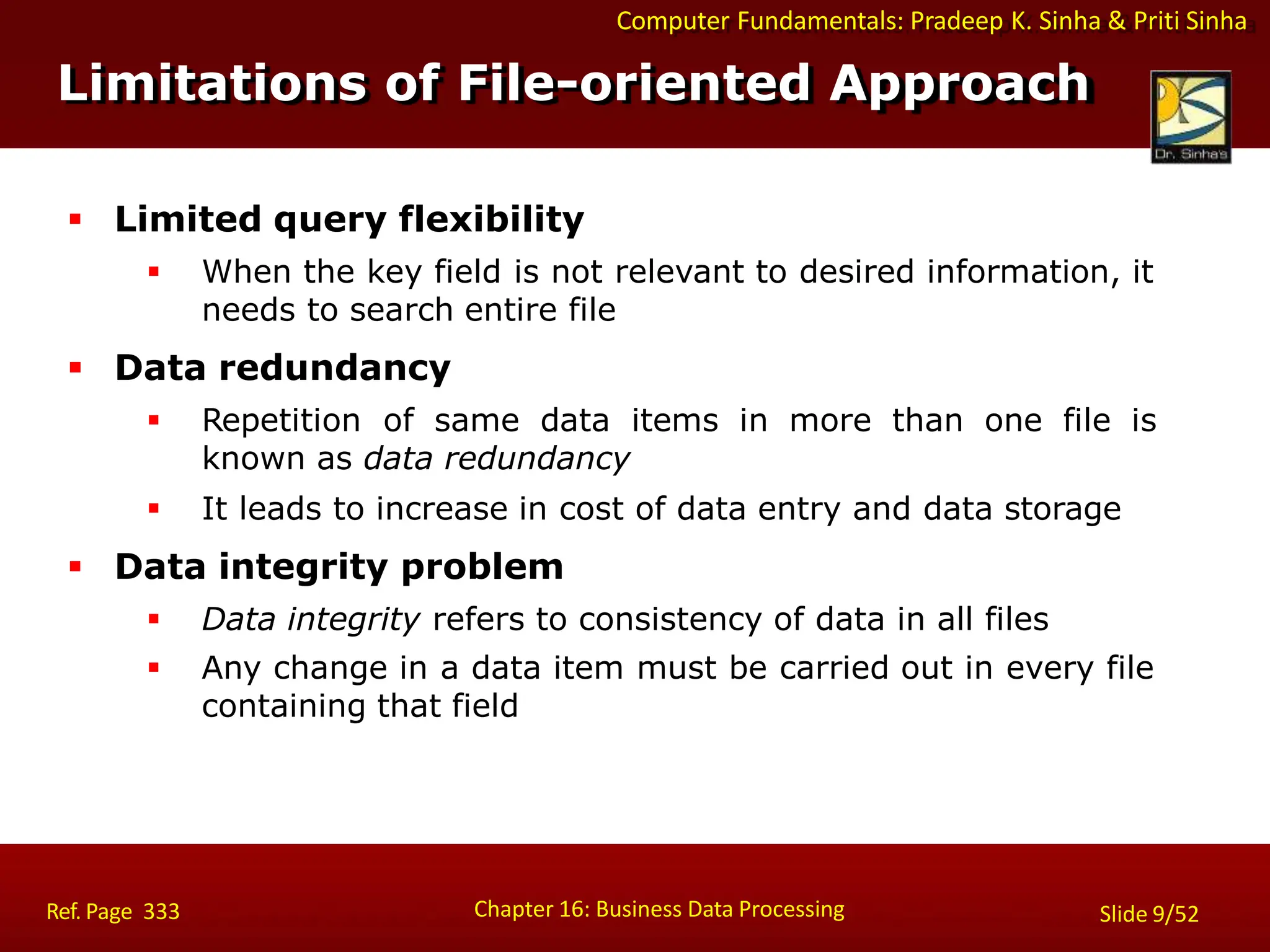 Computer Fundamentals: Pradeep K. Sinha & Priti Sinha
Limitations of File-oriented Approach
Chapter 16: Business Data Processing Slide 9/52
Ref. Page 333
 Limited query flexibility
 When the key field is not relevant to desired information, it
needs to search entire file
 Data redundancy
 Repetition of same data items in more than one file is
known as data redundancy
 It leads to increase in cost of data entry and data storage
 Data integrity problem
 Data integrity refers to consistency of data in all files
 Any change in a data item must be carried out in every file
containing that field
 