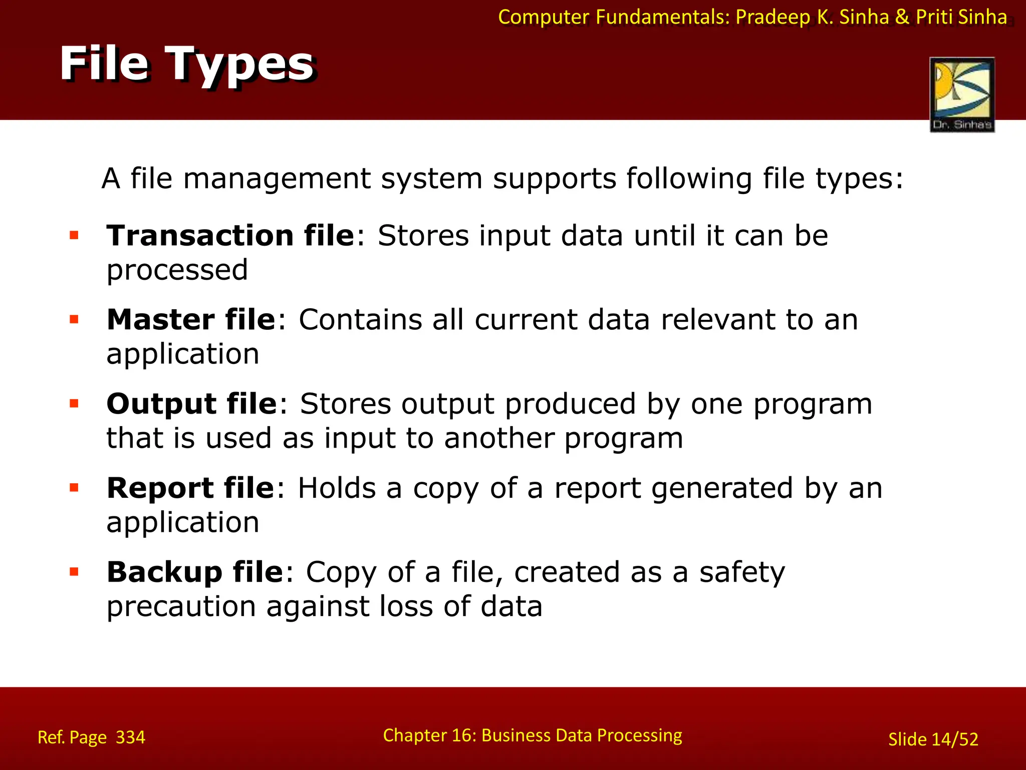 Computer Fundamentals: Pradeep K. Sinha & Priti Sinha
A file management system supports following file types:
 Transaction file: Stores input data until it can be
processed
 Master file: Contains all current data relevant to an
application
 Output file: Stores output produced by one program
that is used as input to another program
 Report file: Holds a copy of a report generated by an
application
 Backup file: Copy of a file, created as a safety
precaution against loss of data
File Types
Chapter 16: Business Data Processing Slide 14/52
Ref. Page 334
 
