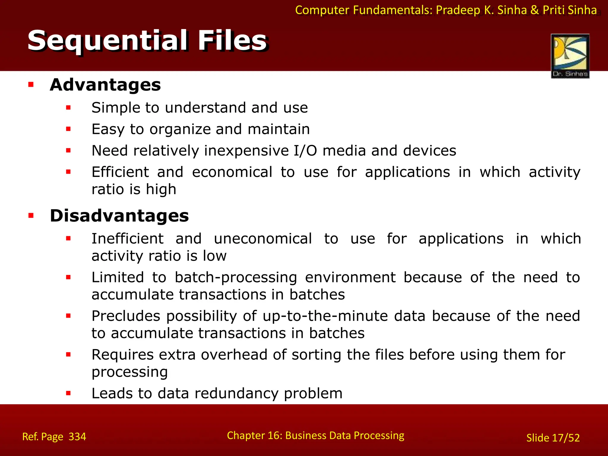 Computer Fundamentals: Pradeep K. Sinha & Priti Sinha
Sequential Files
Chapter 16: Business Data Processing Slide 17/52
Ref. Page 334
 Advantages
 Simple to understand and use
 Easy to organize and maintain
 Need relatively inexpensive I/O media and devices
 Efficient and economical to use for applications in which activity
ratio is high
 Disadvantages
 Inefficient and uneconomical to use for applications in which
activity ratio is low
 Limited to batch-processing environment because of the need to
accumulate transactions in batches
 Precludes possibility of up-to-the-minute data because of the need
to accumulate transactions in batches
 Requires extra overhead of sorting the files before using them for
processing
 Leads to data redundancy problem
 