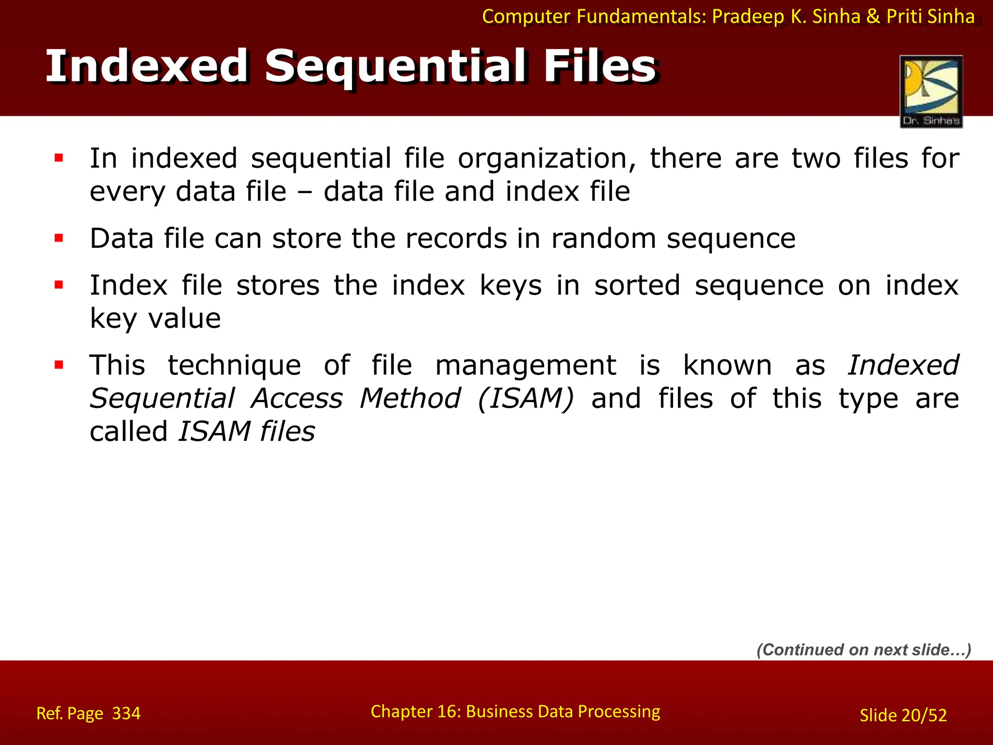 Computer Fundamentals: Pradeep K. Sinha & Priti Sinha
Indexed Sequential Files
Chapter 16: Business Data Processing Slide 20/52
Ref. Page 334
 In indexed sequential file organization, there are two files for
every data file – data file and index file
 Data file can store the records in random sequence
 Index file stores the index keys in sorted sequence on index
key value
 This technique of file management is known as Indexed
Sequential Access Method (ISAM) and files of this type are
called ISAM files
(Continued on next slide…)
 