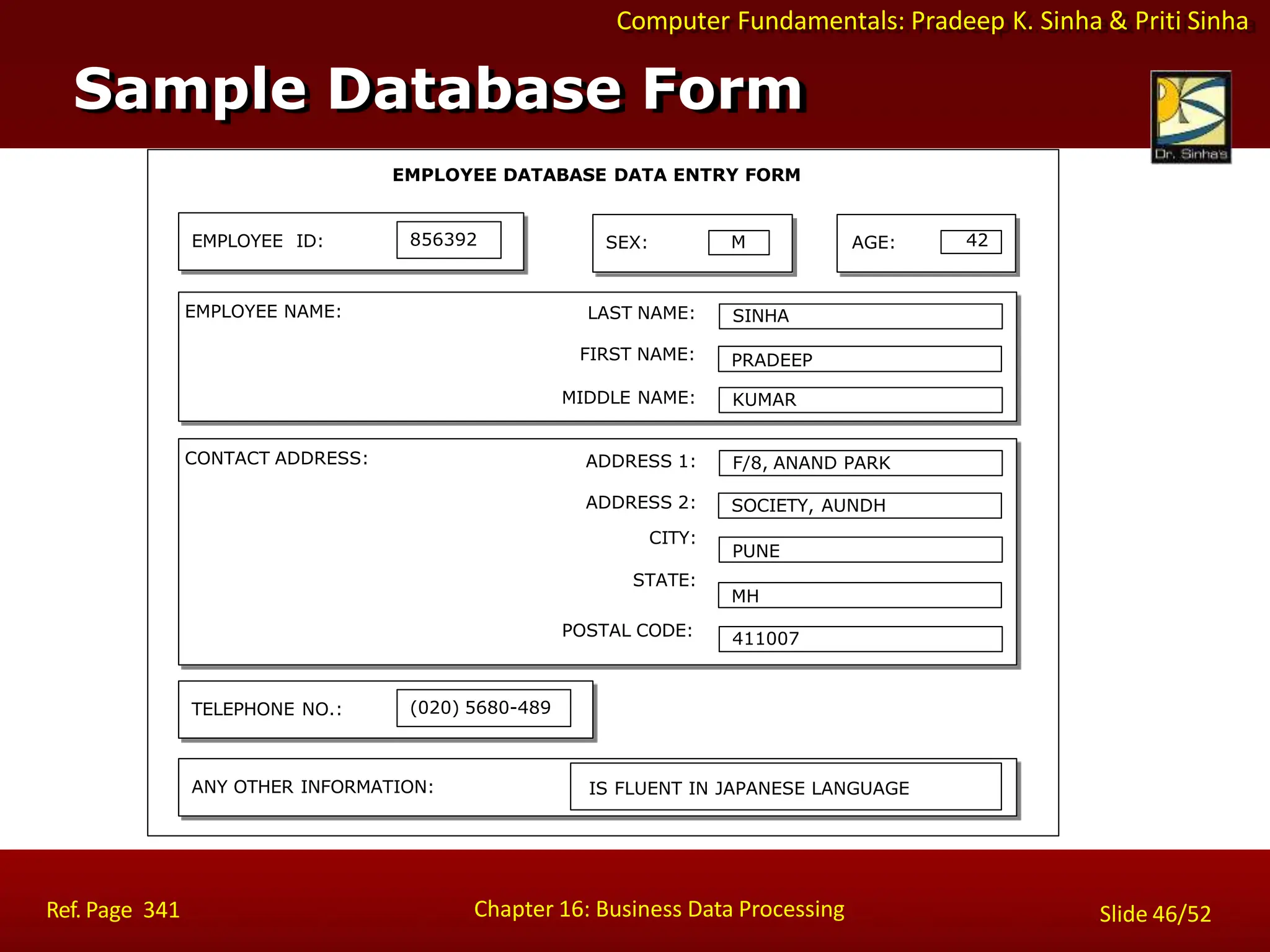 Computer Fundamentals: Pradeep K. Sinha & Priti Sinha
EMPLOYEE DATABASE DATA ENTRY FORM
EMPLOYEE ID: 856392 SEX: M AGE: 42
LAST NAME:
FIRST NAME:
MIDDLE NAME:
SINHA
EMPLOYEE NAME:
PRADEEP
KUMAR
ADDRESS 1:
ADDRESS 2:
CITY:
STATE:
POSTAL CODE:
F/8, ANAND PARK
CONTACT ADDRESS:
SOCIETY, AUNDH
PUNE
MH
411007
TELEPHONE NO.: (020) 5680-489
ANY OTHER INFORMATION: IS FLUENT IN JAPANESE LANGUAGE
Sample Database Form
Chapter 16: Business Data Processing
Ref. Page 341 Slide 46/52
 