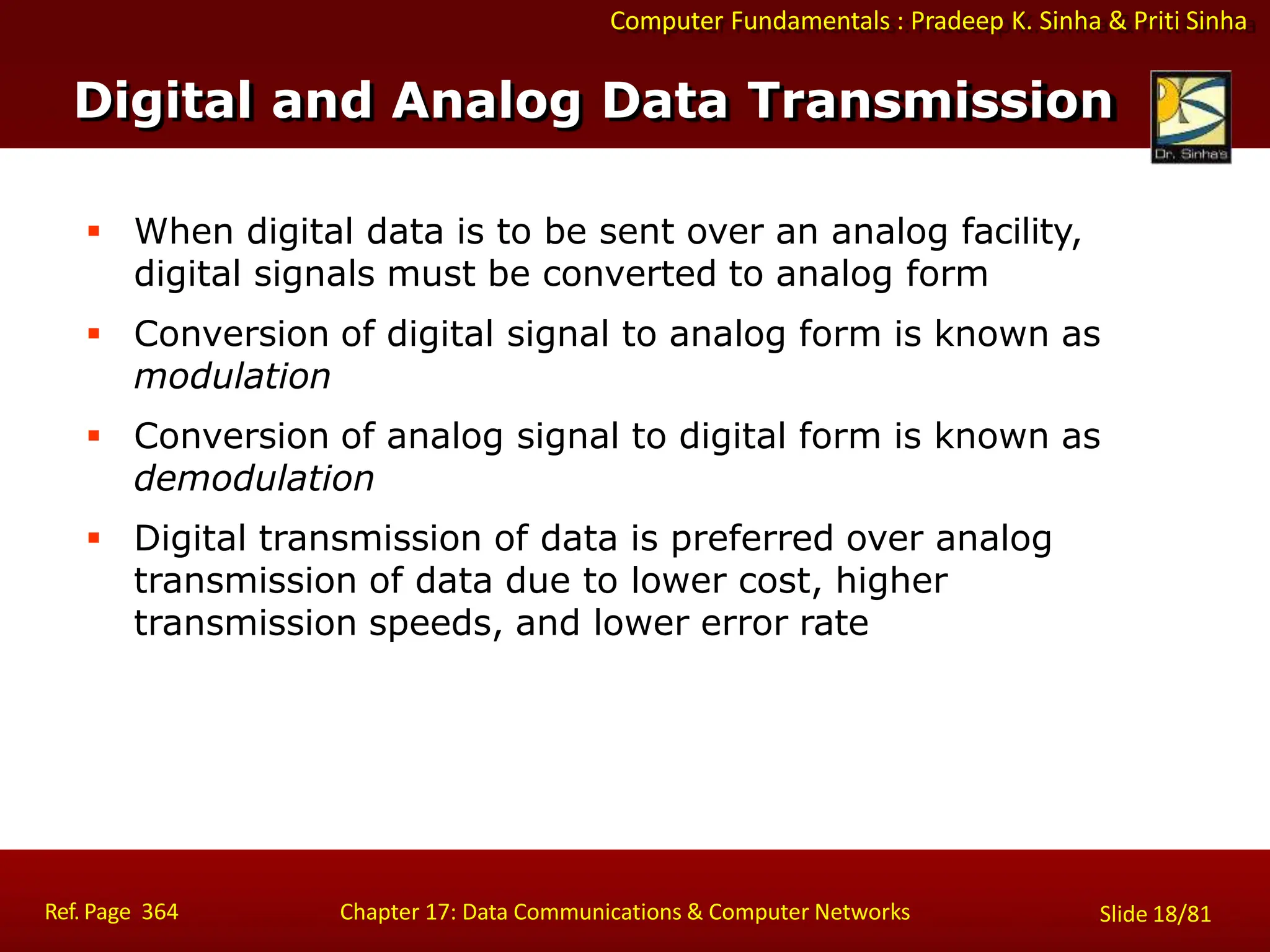 Computer Fundamentals : Pradeep K. Sinha & Priti Sinha
 When digital data is to be sent over an analog facility,
digital signals must be converted to analog form
 Conversion of digital signal to analog form is known as
modulation
 Conversion of analog signal to digital form is known as
demodulation
 Digital transmission of data is preferred over analog
transmission of data due to lower cost, higher
transmission speeds, and lower error rate
Ref. Page 364 Chapter 17: Data Communications & Computer Networks Slide 18/81
Digital and Analog Data Transmission
 