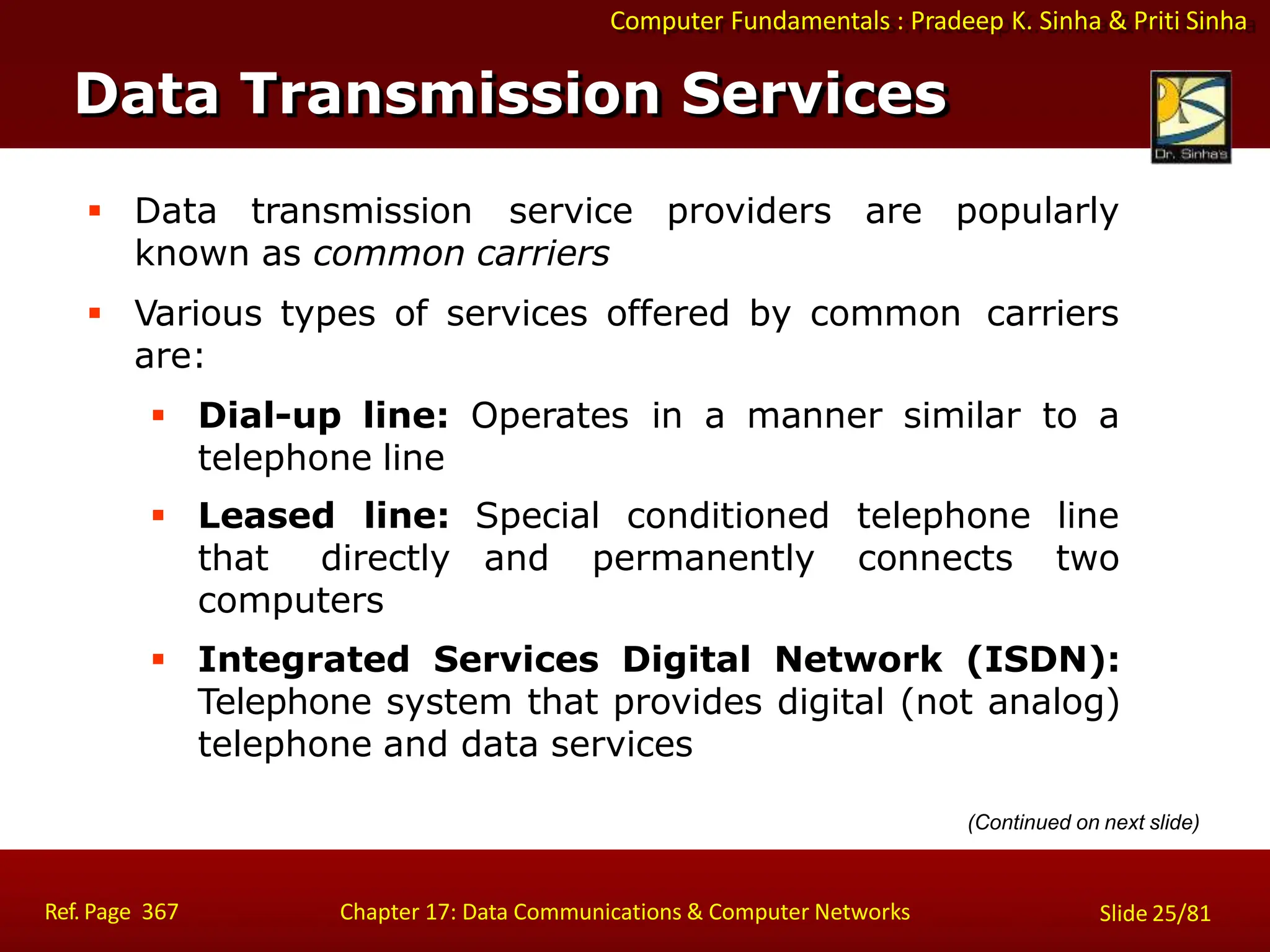 Computer Fundamentals : Pradeep K. Sinha & Priti Sinha
Data Transmission Services
Ref. Page 367 Chapter 17: Data Communications & Computer Networks Slide 25/81
 Data transmission service providers are popularly
known as common carriers
 Various types of services offered by common carriers
are:
 Dial-up line: Operates in a manner similar to a
telephone line
 Leased line:
that directly
computers
Special conditioned
and permanently
telephone line
connects two
 Integrated Services Digital Network (ISDN):
Telephone system that provides digital (not analog)
telephone and data services
(Continued on next slide)
 