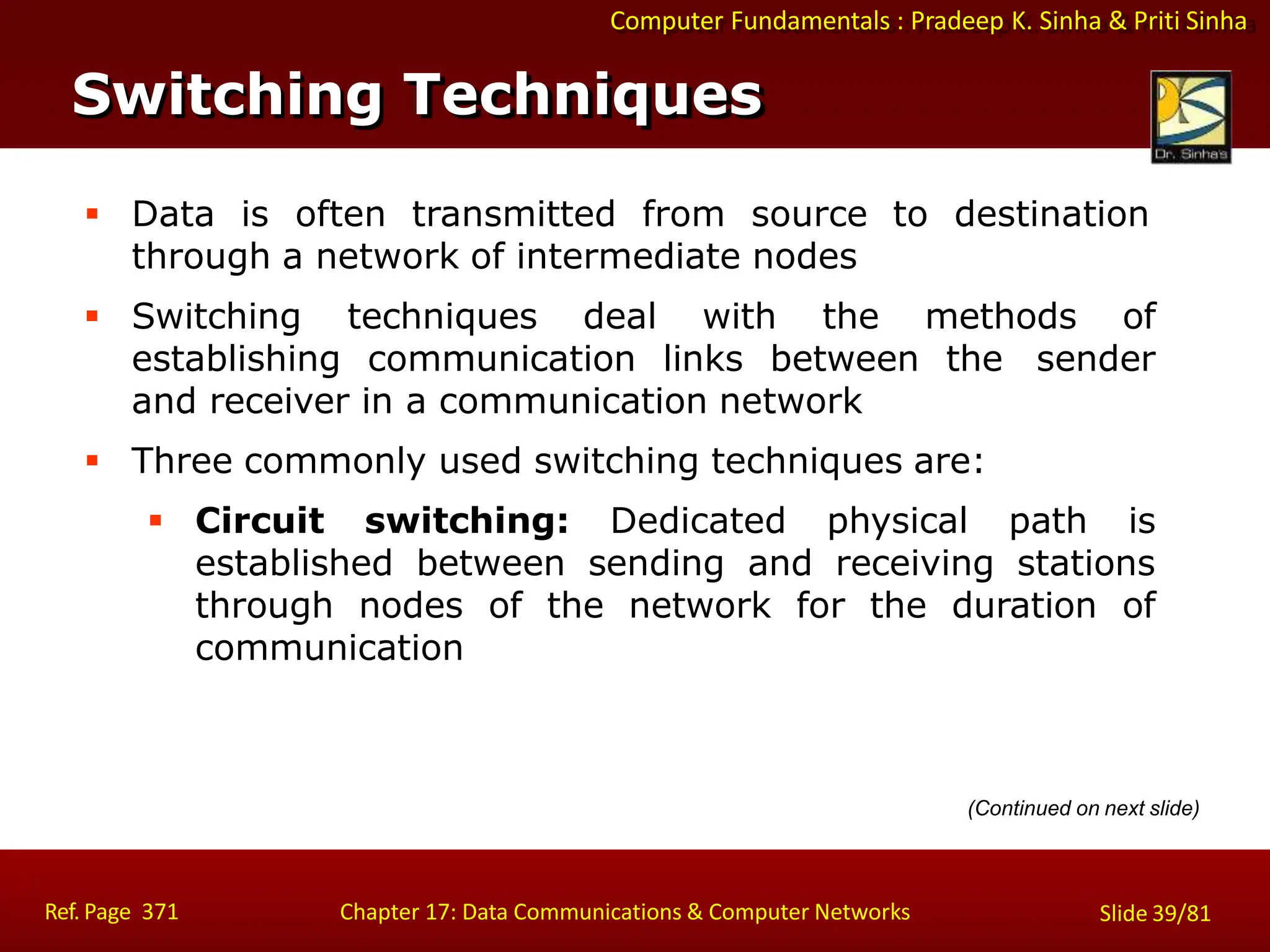 Computer Fundamentals : Pradeep K. Sinha & Priti Sinha
Switching Techniques
Ref. Page 371 Chapter 17: Data Communications & Computer Networks Slide 39/81
 Data is often transmitted from source to destination
through a network of intermediate nodes
 Switching techniques deal with the methods of
establishing communication links between the sender
and receiver in a communication network
 Three commonly used switching techniques are:
 Circuit switching: Dedicated physical path is
established between sending and receiving stations
through nodes of the network for the duration of
communication
(Continued on next slide)
 