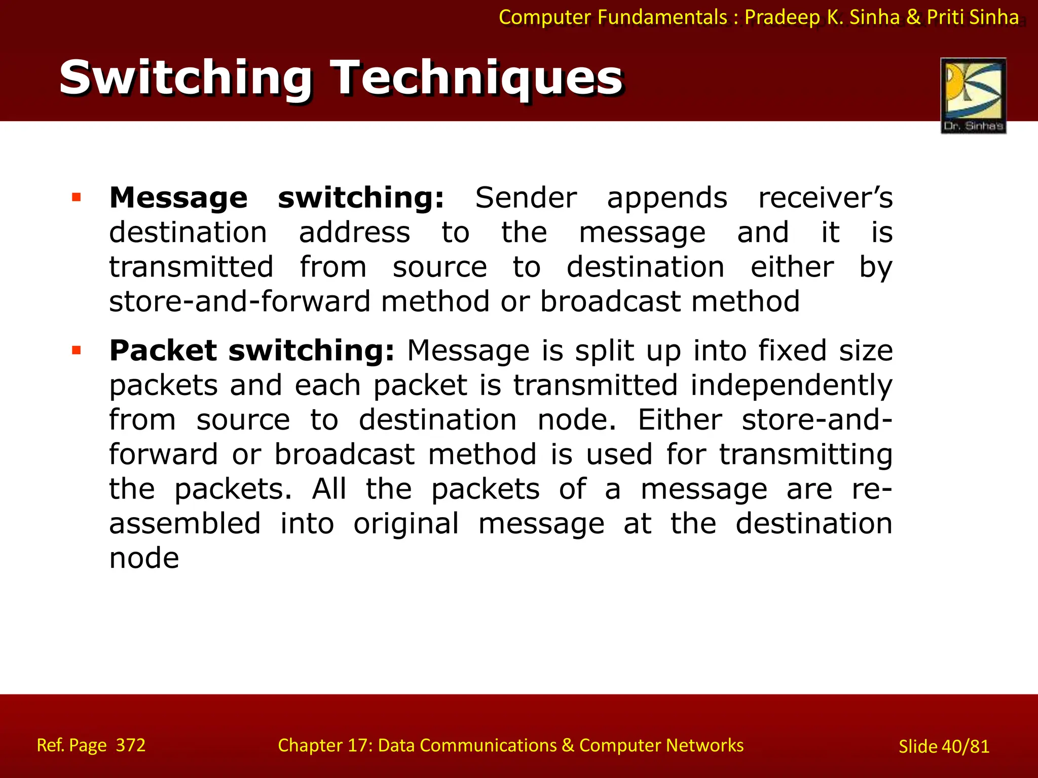 Computer Fundamentals : Pradeep K. Sinha & Priti Sinha
 Message switching: Sender appends receiver’s
destination address to the message and it is
transmitted from source to destination either by
store-and-forward method or broadcast method
 Packet switching: Message is split up into fixed size
packets and each packet is transmitted independently
from source to destination node. Either store-and-
forward or broadcast method is used for transmitting
the packets. All the packets of a message are re-
assembled into original message at the destination
node
Switching Techniques
Ref. Page 372 Chapter 17: Data Communications & Computer Networks Slide 40/81
 
