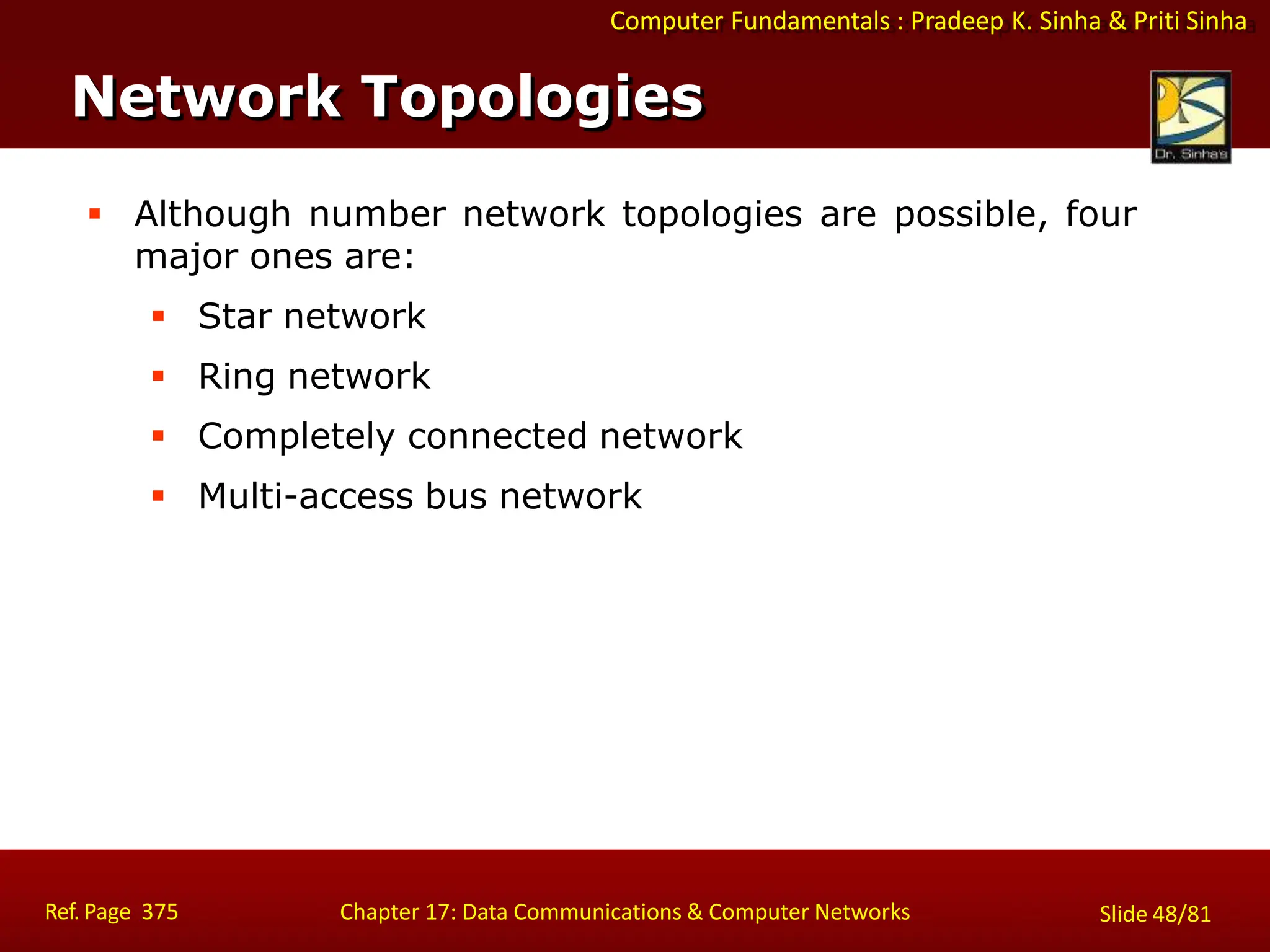 Computer Fundamentals : Pradeep K. Sinha & Priti Sinha
Network Topologies
Ref. Page 375 Chapter 17: Data Communications & Computer Networks Slide 48/81
 Although number network topologies are possible, four
major ones are:
 Star network
 Ring network
 Completely connected network
 Multi-access bus network
 