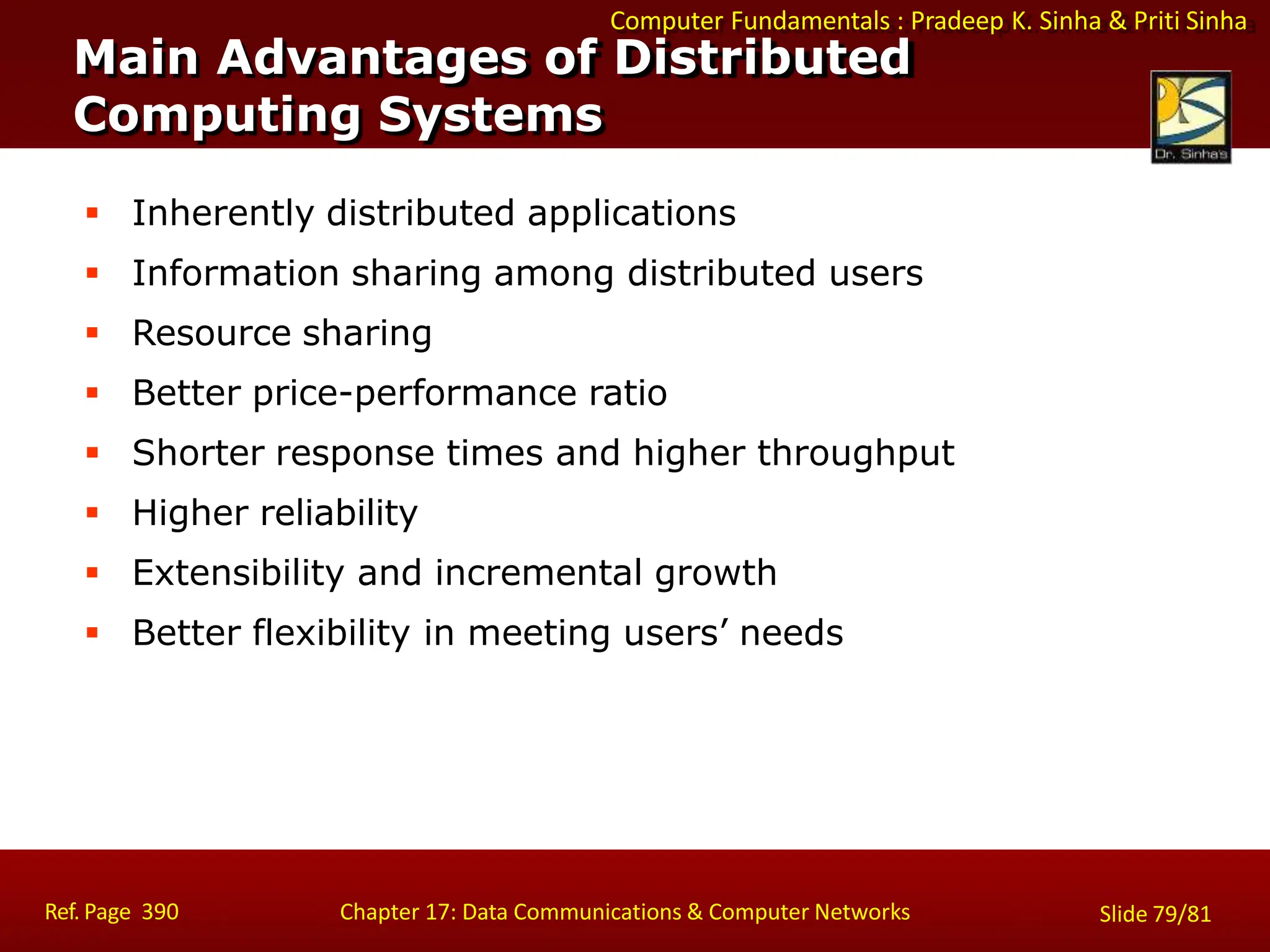 Computer Fundamentals : Pradeep K. Sinha & Priti Sinha
Main Advantages of Distributed
Computing Systems
Ref. Page 390 Chapter 17: Data Communications & Computer Networks Slide 79/81
 Inherently distributed applications
 Information sharing among distributed users
 Resource sharing
 Better price-performance ratio
 Shorter response times and higher throughput
 Higher reliability
 Extensibility and incremental growth
 Better flexibility in meeting users’ needs
 