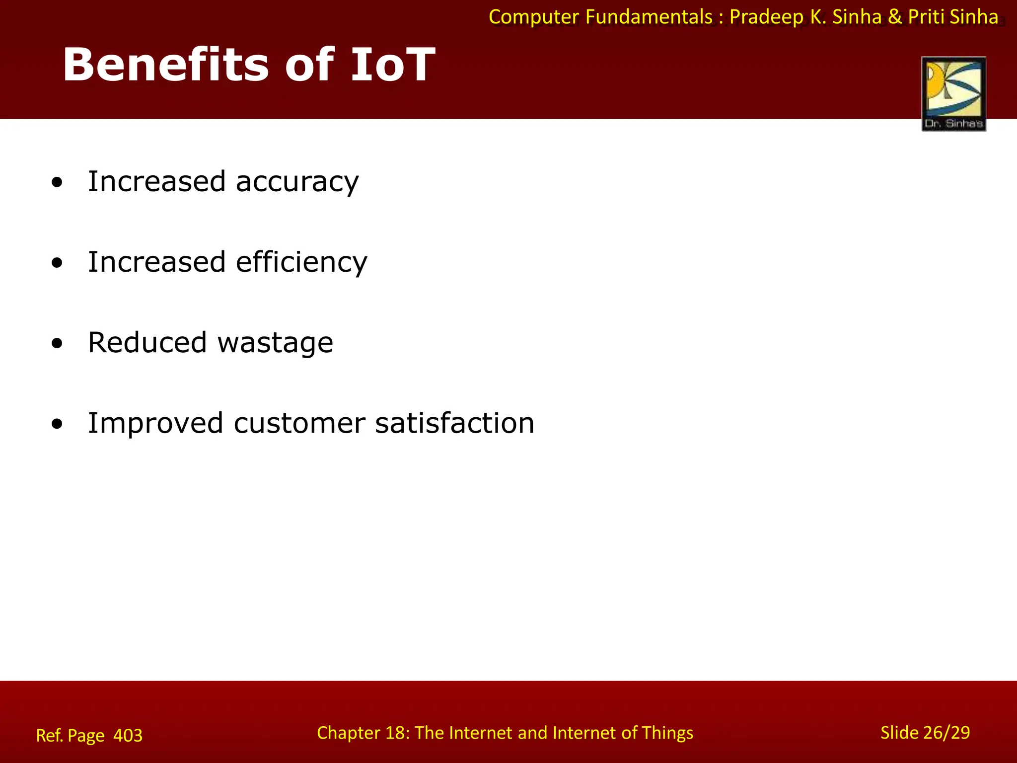 Computer Fundamentals : Pradeep K. Sinha & Priti Sinha
Benefits of IoT
Chapter 18: The Internet and Internet of Things Slide 26/29
Ref. Page 403
• Increased accuracy
• Increased efficiency
• Reduced wastage
• Improved customer satisfaction
 
