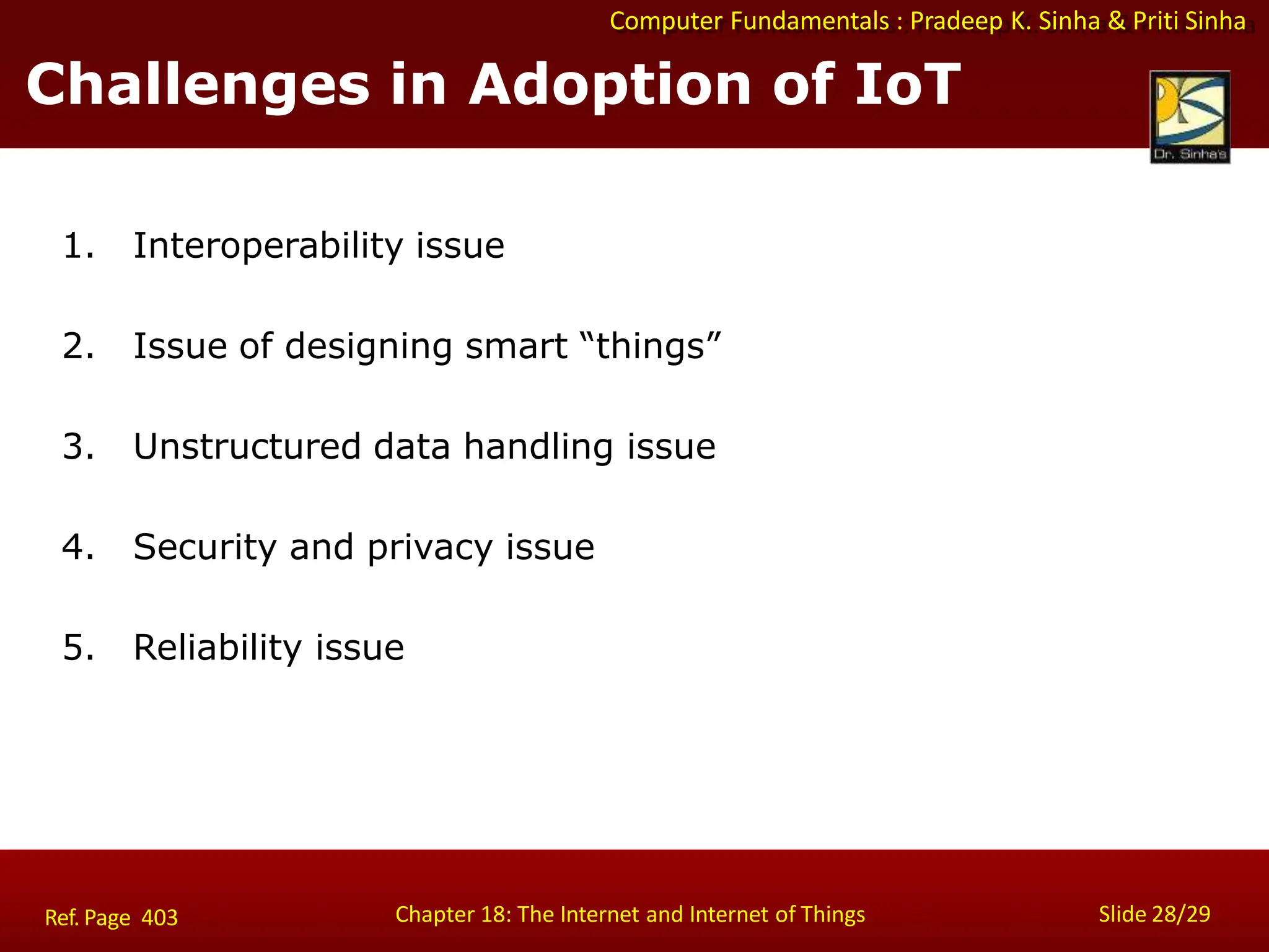 Computer Fundamentals : Pradeep K. Sinha & Priti Sinha
Challenges in Adoption of IoT
Chapter 18: The Internet and Internet of Things Slide 28/29
Ref. Page 403
1. Interoperability issue
2. Issue of designing smart “things”
3. Unstructured data handling issue
4. Security and privacy issue
5. Reliability issue
 