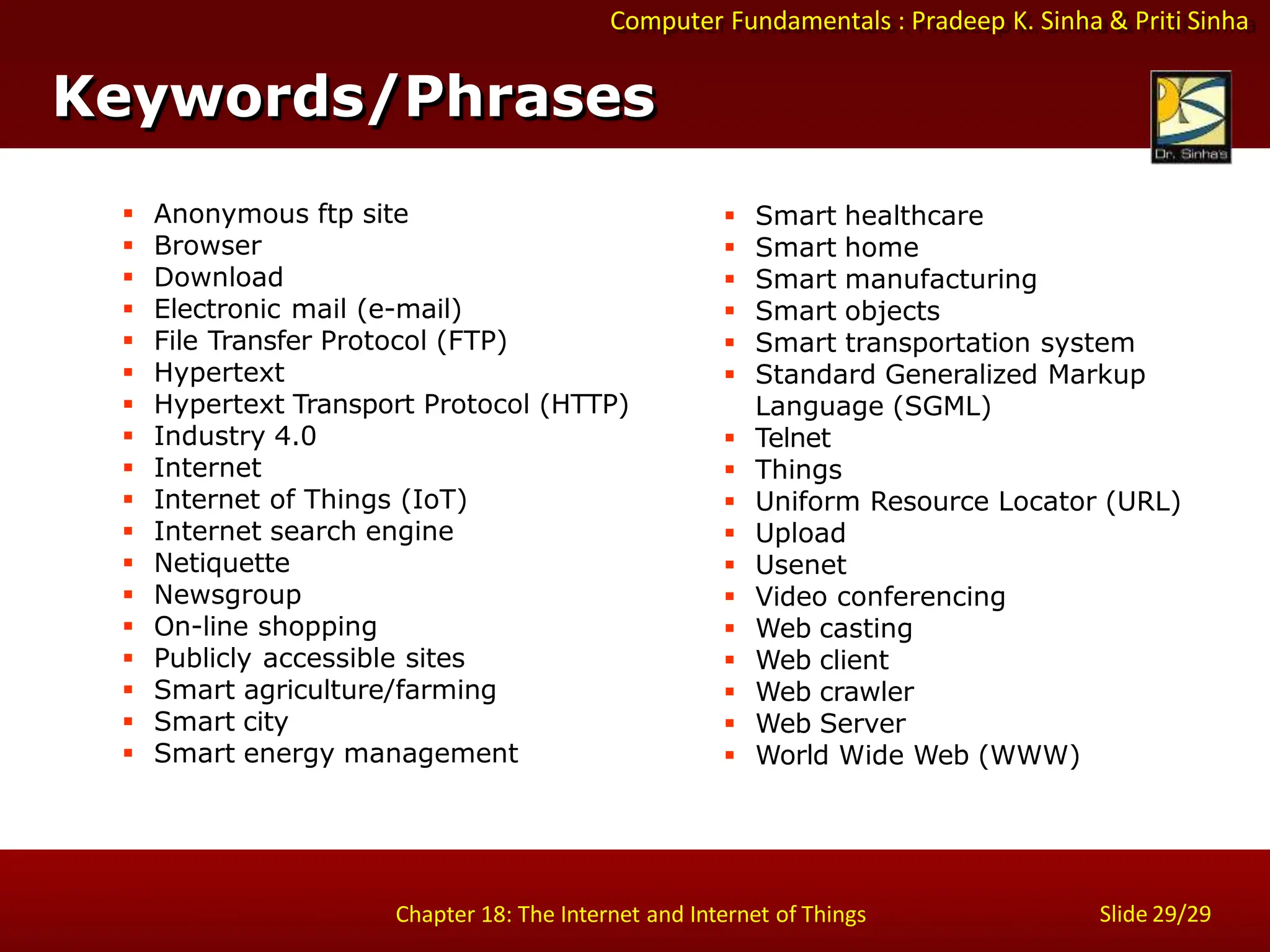 Computer Fundamentals : Pradeep K. Sinha & Priti Sinha
Slide 29/29
Chapter 18: The Internet and Internet of Things
Keywords/Phrases
 Anonymous ftp site
 Browser
 Download
 Electronic mail (e-mail)
 File Transfer Protocol (FTP)
 Hypertext
 Hypertext Transport Protocol (HTTP)
 Industry 4.0
 Internet
 Internet of Things (IoT)
 Internet search engine
 Netiquette
 Newsgroup
 On-line shopping
 Publicly accessible sites
 Smart agriculture/farming
 Smart city
 Smart energy management
 Smart healthcare
 Smart home
 Smart manufacturing
 Smart objects
 Smart transportation system
 Standard Generalized Markup
Language (SGML)
 Telnet
 Things
 Uniform Resource Locator (URL)
 Upload
 Usenet
 Video conferencing
 Web casting
 Web client
 Web crawler
 Web Server
 World Wide Web (WWW)
 