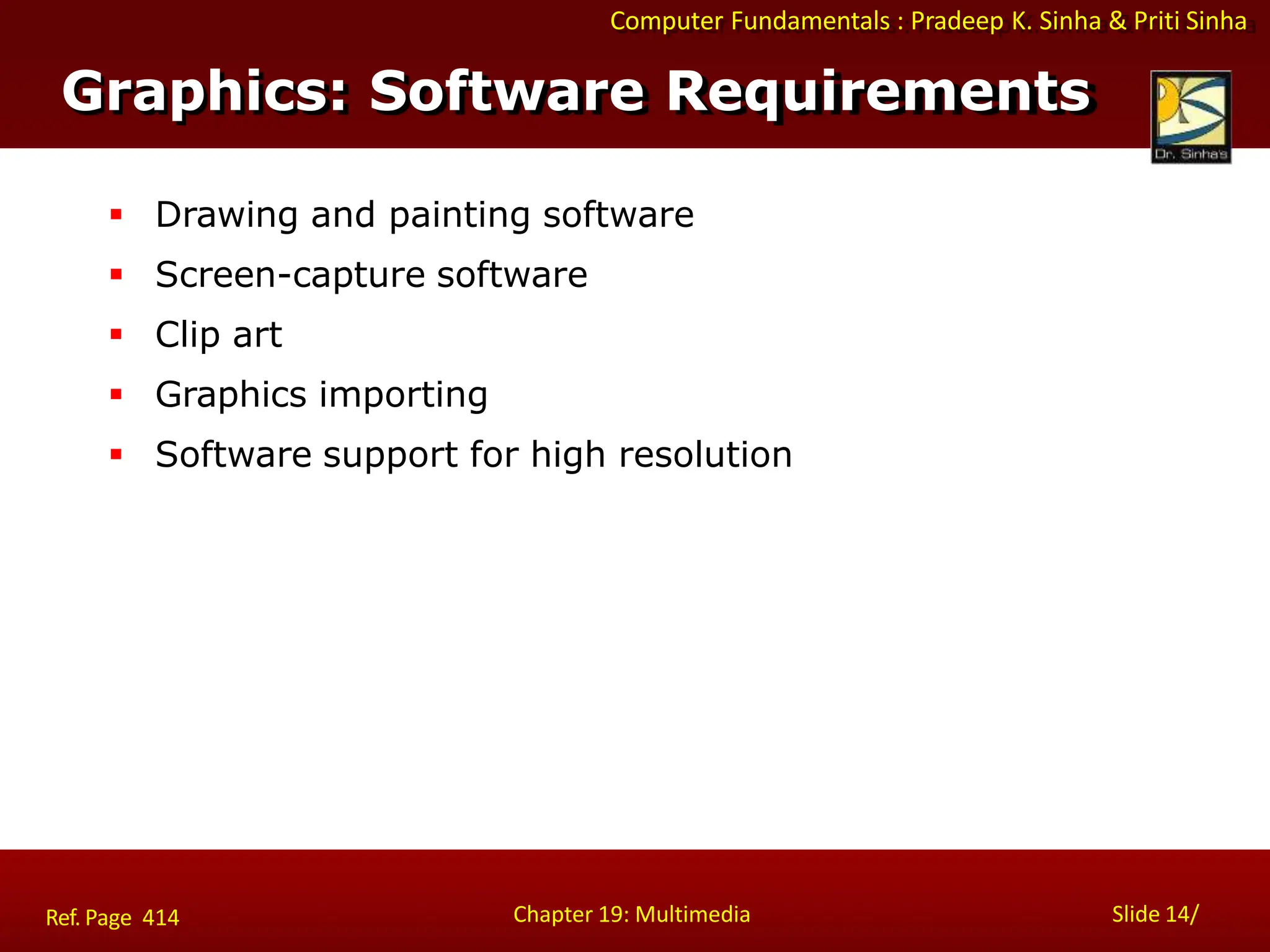 Computer Fundamentals : Pradeep K. Sinha & Priti Sinha
Graphics: Software Requirements
Chapter 19: Multimedia Slide 14/
Ref. Page 414
 Drawing and painting software
 Screen-capture software
 Clip art
 Graphics importing
 Software support for high resolution
 