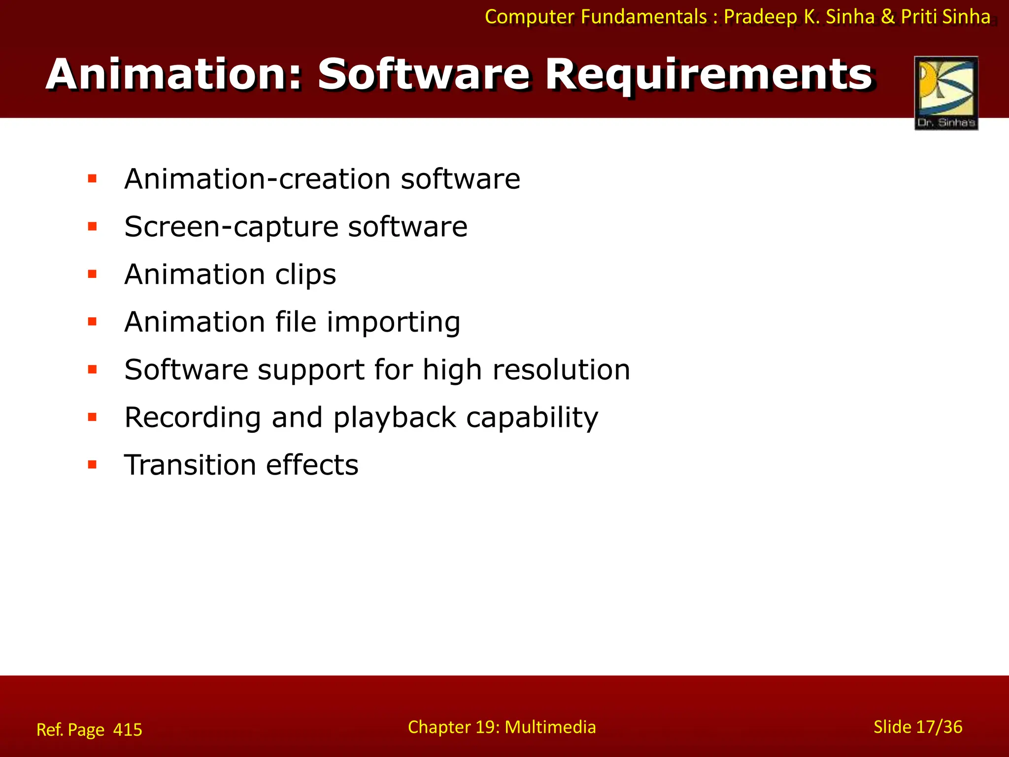 Computer Fundamentals : Pradeep K. Sinha & Priti Sinha
Animation: Software Requirements
Chapter 19: Multimedia Slide 17/36
Ref. Page 415
 Animation-creation software
 Screen-capture software
 Animation clips
 Animation file importing
 Software support for high resolution
 Recording and playback capability
 Transition effects
 