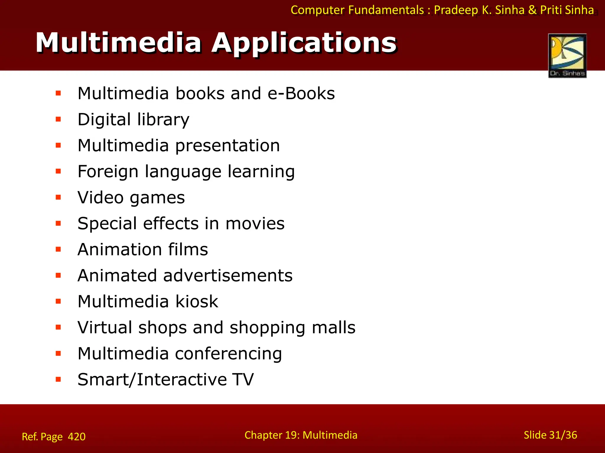 Computer Fundamentals : Pradeep K. Sinha & Priti Sinha
Multimedia Applications
Chapter 19: Multimedia Slide 31/36
Ref. Page 420
 Multimedia books and e-Books
 Digital library
 Multimedia presentation
 Foreign language learning
 Video games
 Special effects in movies
 Animation films
 Animated advertisements
 Multimedia kiosk
 Virtual shops and shopping malls
 Multimedia conferencing
 Smart/Interactive TV
 