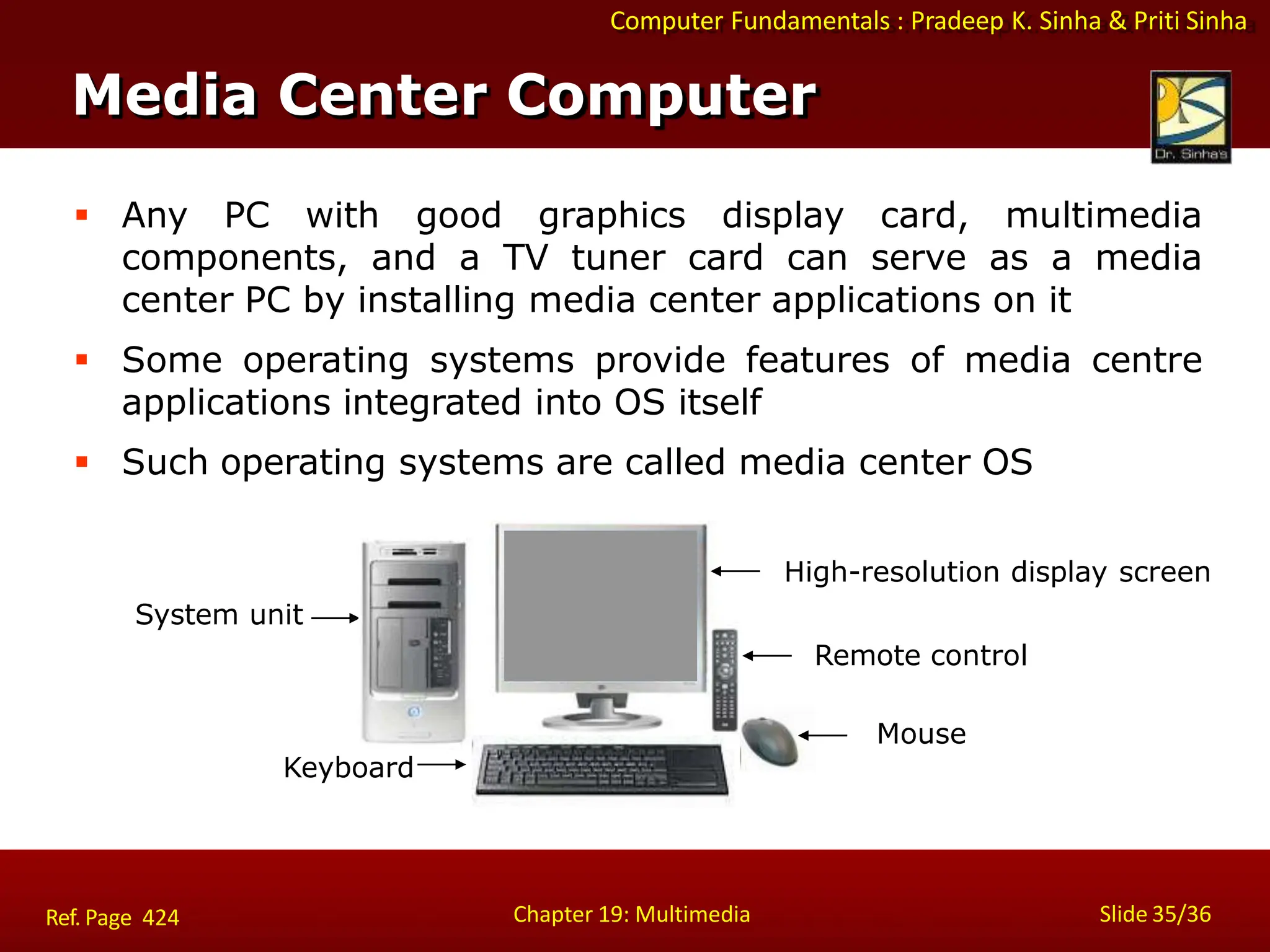Computer Fundamentals : Pradeep K. Sinha & Priti Sinha
Media Center Computer
 Any PC with good graphics display card, multimedia
components, and a TV tuner card can serve as a media
center PC by installing media center applications on it
 Some operating systems provide features of media centre
applications integrated into OS itself
 Such operating systems are called media center OS
High-resolution display screen
System unit
Remote control
Mouse
Keyboard
Chapter 19: Multimedia Slide 35/36
Ref. Page 424
 