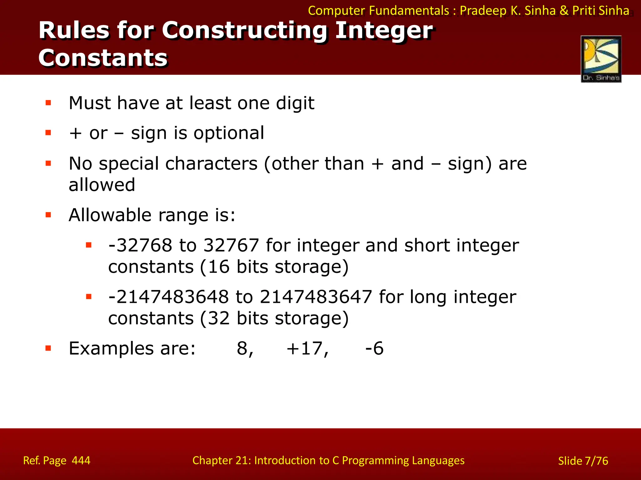 Computer Fundamentals : Pradeep K. Sinha & Priti Sinha
Rules for Constructing Integer
Constants
Ref. Page 444 Chapter 21: Introduction to C Programming Languages Slide 7/76
 Must have at least one digit
 + or – sign is optional
 No special characters (other than + and – sign) are
allowed
 Allowable range is:
 -32768 to 32767 for integer and short integer
constants (16 bits storage)
 -2147483648 to 2147483647 for long integer
constants (32 bits storage)
 Examples are: 8, +17, -6
 