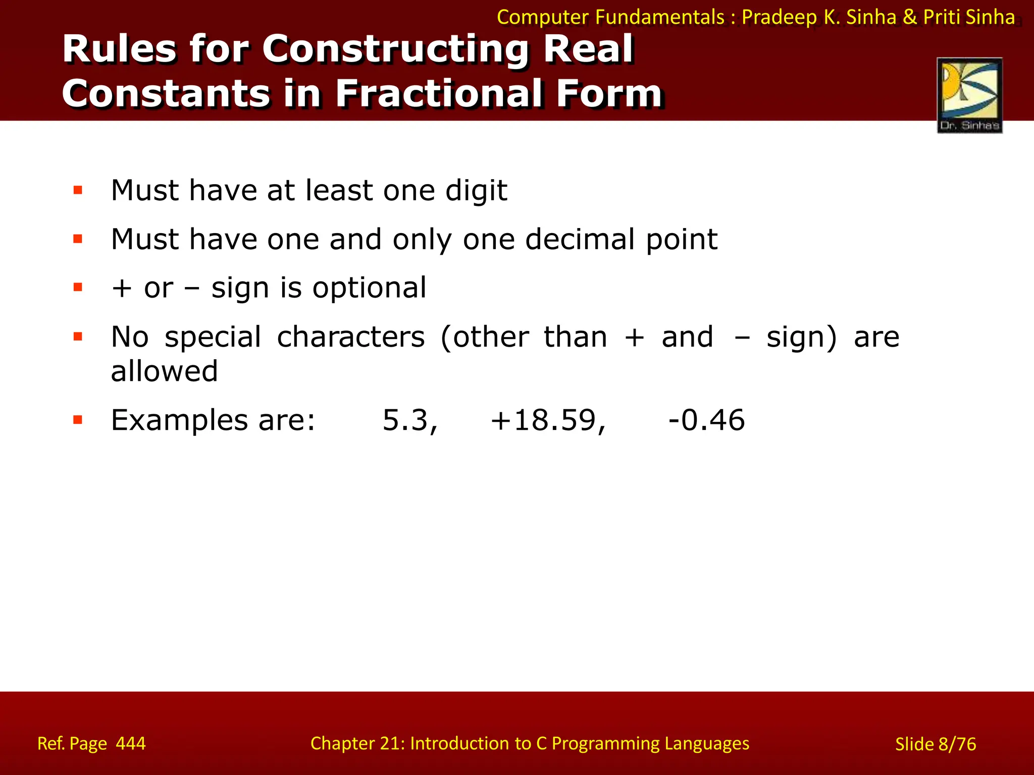 Computer Fundamentals : Pradeep K. Sinha & Priti Sinha
Rules for Constructing Real
Constants in Fractional Form
Ref. Page 444 Chapter 21: Introduction to C Programming Languages Slide 8/76
 Must have at least one digit
 Must have one and only one decimal point
 + or – sign is optional
 No special characters (other than + and – sign) are
allowed
 Examples are: 5.3, +18.59, -0.46
 