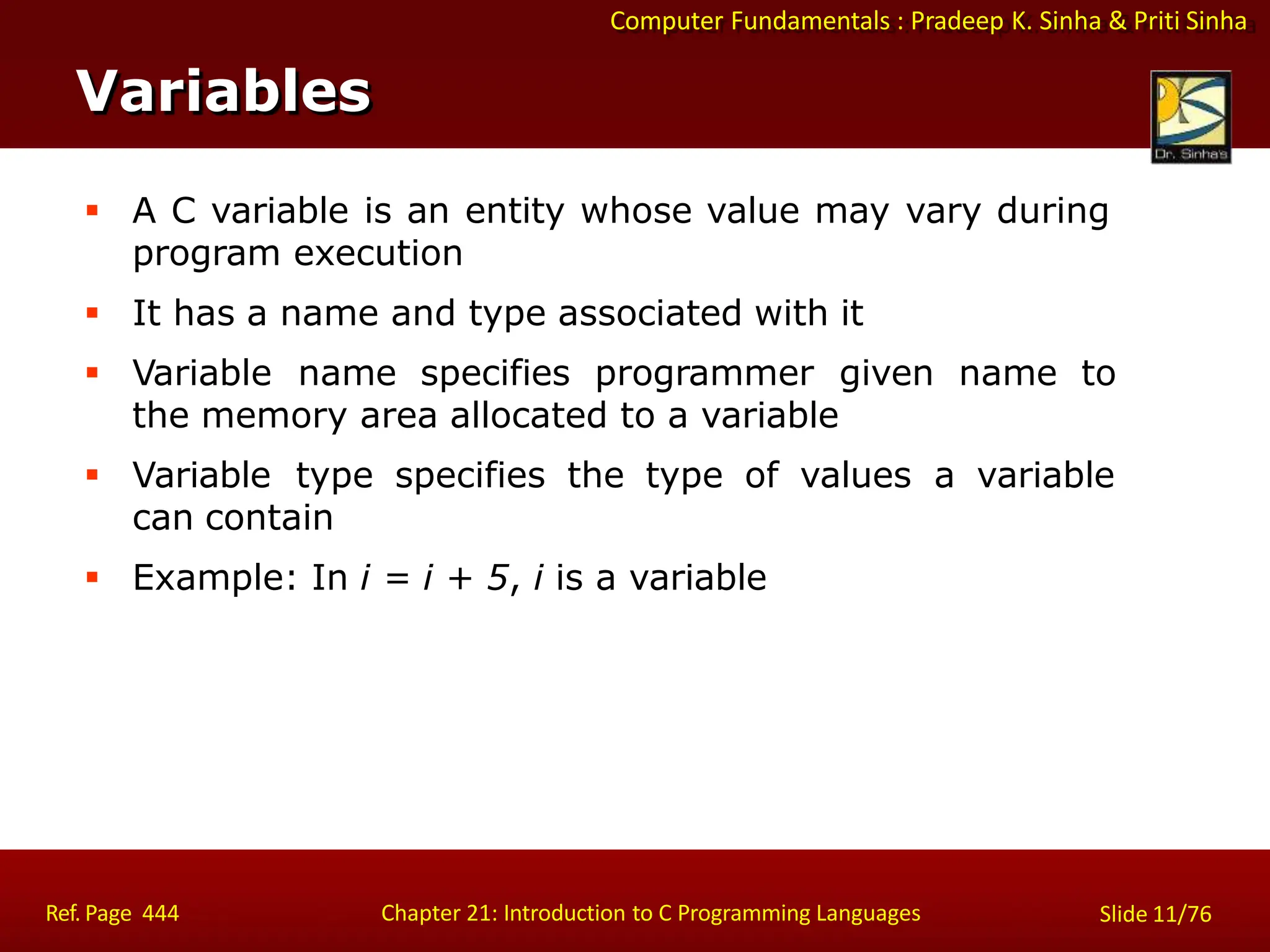 Computer Fundamentals : Pradeep K. Sinha & Priti Sinha
Variables
Ref. Page 444 Chapter 21: Introduction to C Programming Languages Slide 11/76
 A C variable is an entity whose value may vary during
program execution
 It has a name and type associated with it
 Variable name specifies programmer given name to
the memory area allocated to a variable
 Variable type specifies the type of values a variable
can contain
 Example: In i = i + 5, i is a variable
 