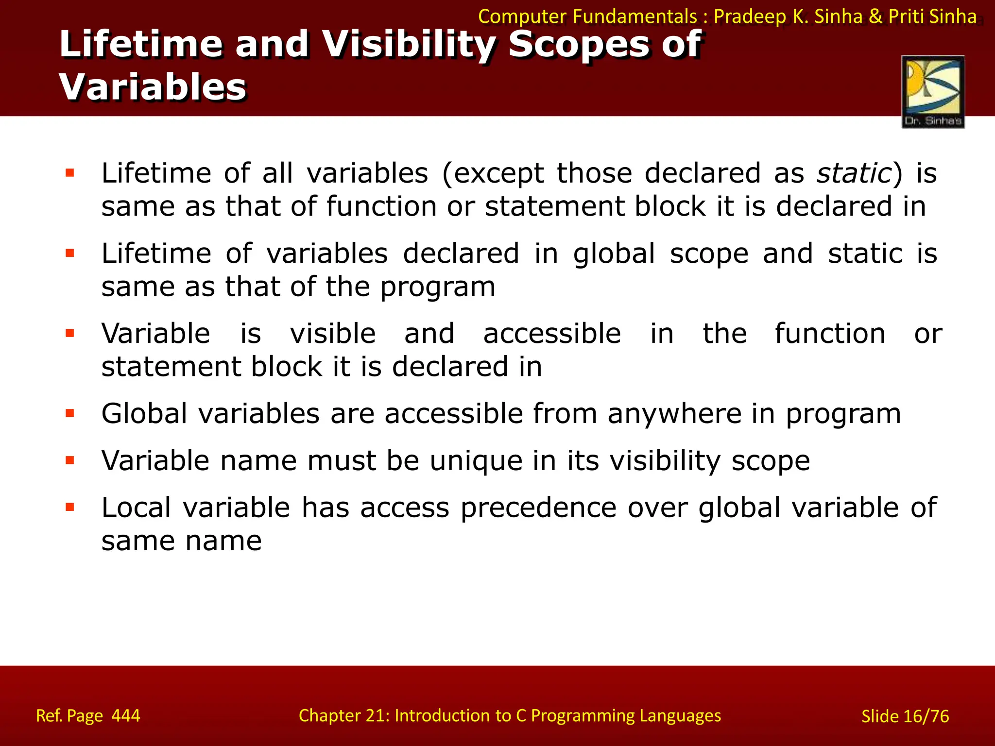 Computer Fundamentals : Pradeep K. Sinha & Priti Sinha
Lifetime and Visibility Scopes of
Variables
Ref. Page 444 Chapter 21: Introduction to C Programming Languages Slide 16/76
 Lifetime of all variables (except those declared as static) is
same as that of function or statement block it is declared in
 Lifetime of variables declared in global scope and static is
same as that of the program
 Variable is visible and accessible in the function or
statement block it is declared in
 Global variables are accessible from anywhere in program
 Variable name must be unique in its visibility scope
 Local variable has access precedence over global variable of
same name
 