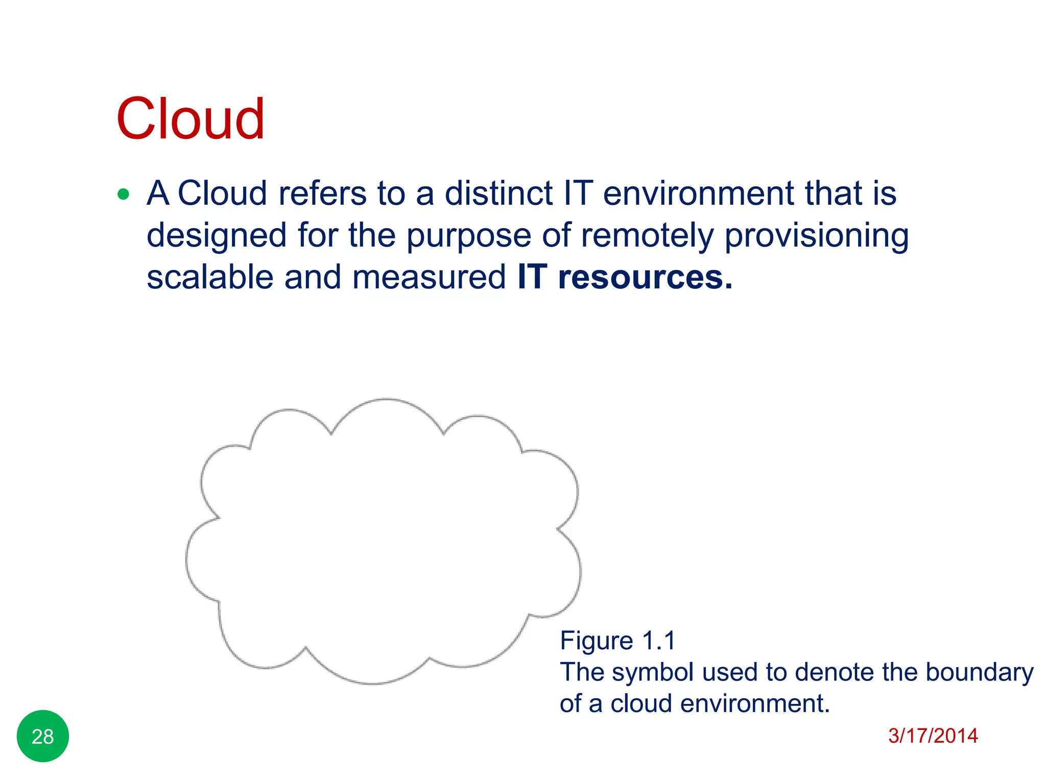 Cloud
3/17/201428
 A Cloud refers to a distinct IT environment that is
designed for the purpose of remotely provisioning
scalable and measured IT resources.
Figure 1.1
The symbol used to denote the boundary
of a cloud environment.
 