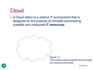 Cloud
3/17/201428
 A Cloud refers to a distinct IT environment that is
designed for the purpose of remotely provisioning
scalable and measured IT resources.
Figure 1.1
The symbol used to denote the boundary
of a cloud environment.
 