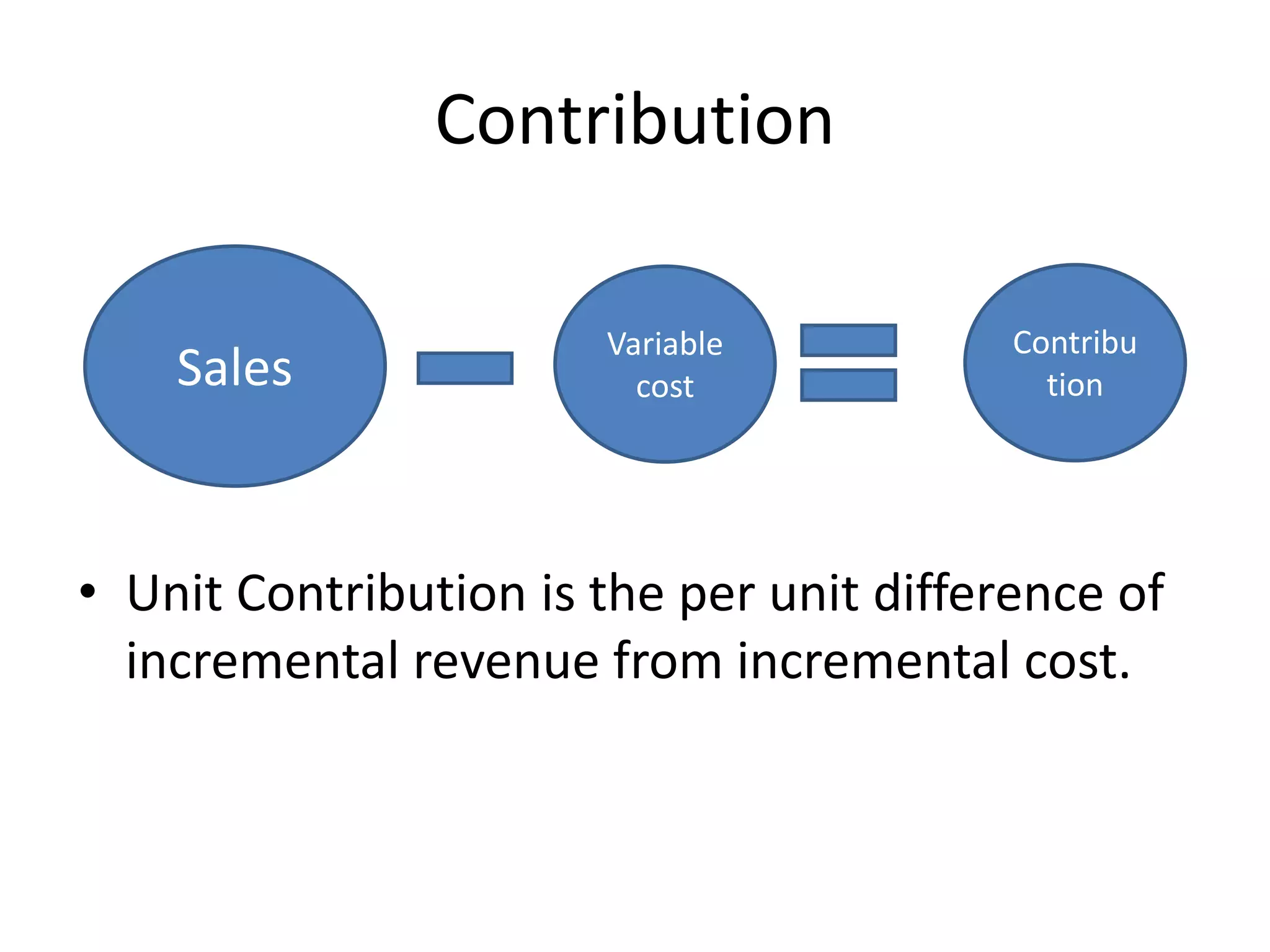 Contribution
• Unit Contribution is the per unit difference of
incremental revenue from incremental cost.
Sales
Variable
cost
Contribu
tion
 