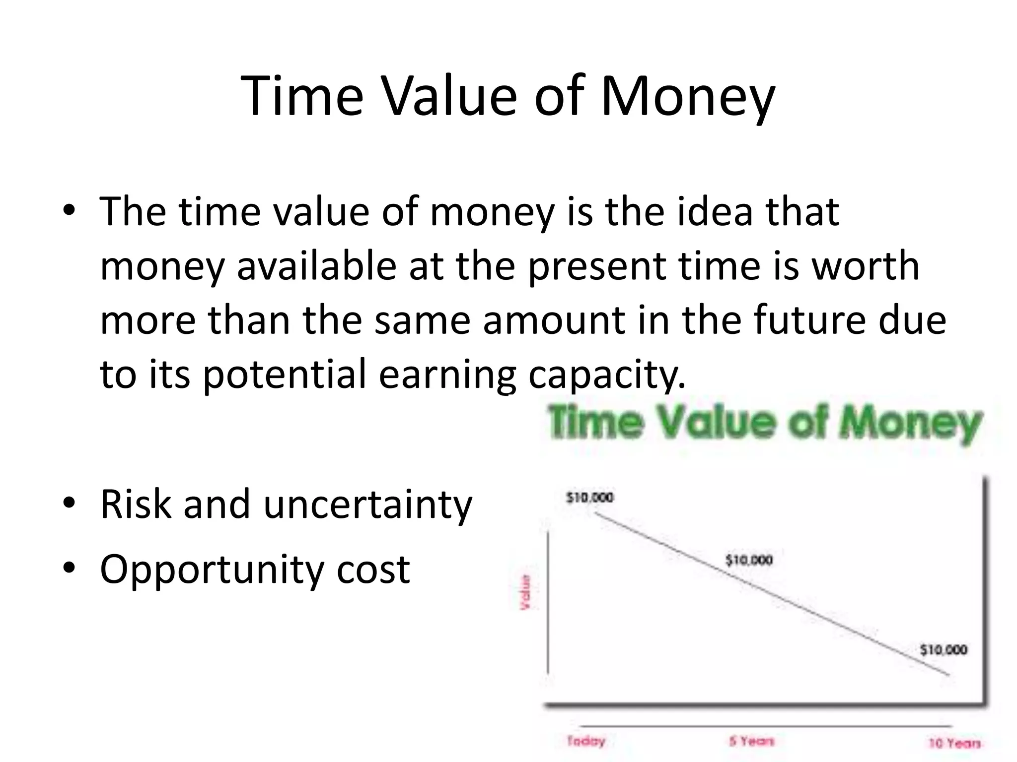 Time Value of Money
• The time value of money is the idea that
money available at the present time is worth
more than the same amount in the future due
to its potential earning capacity.
• Risk and uncertainty
• Opportunity cost
 