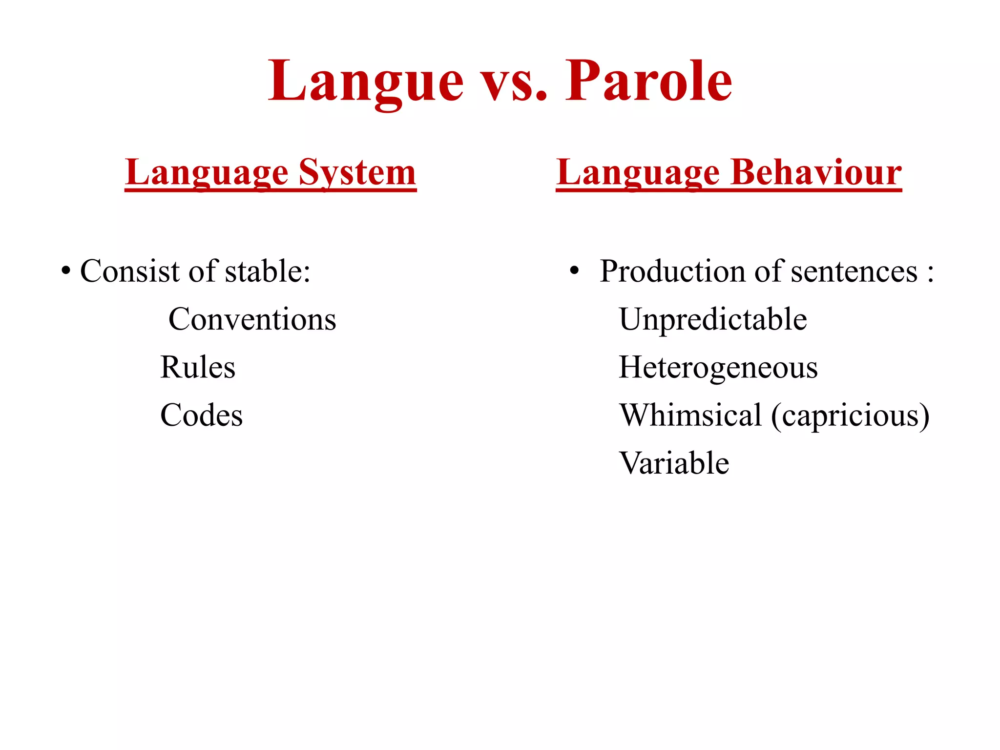Langue vs. Parole
Language System
• Consist of stable:
Conventions
Rules
Codes
Language Behaviour
• Production of sentences :
Unpredictable
Heterogeneous
Whimsical (capricious)
Variable
 