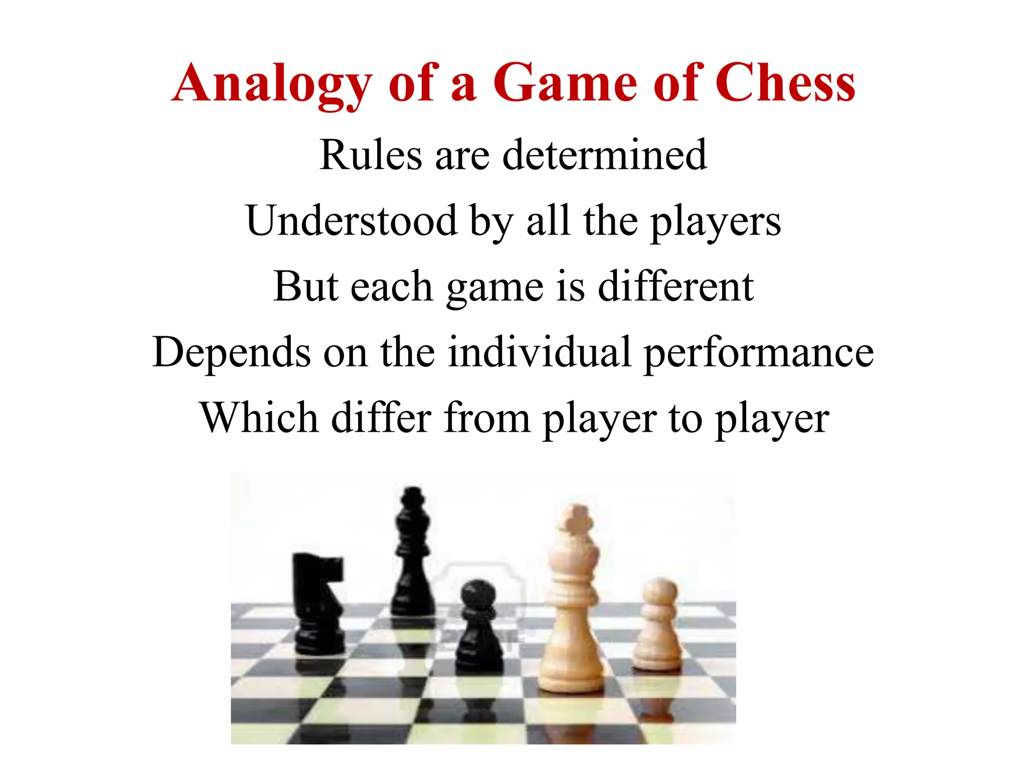 Analogy of a Game of Chess
Rules are determined
Understood by all the players
But each game is different
Depends on the individual performance
Which differ from player to player
 