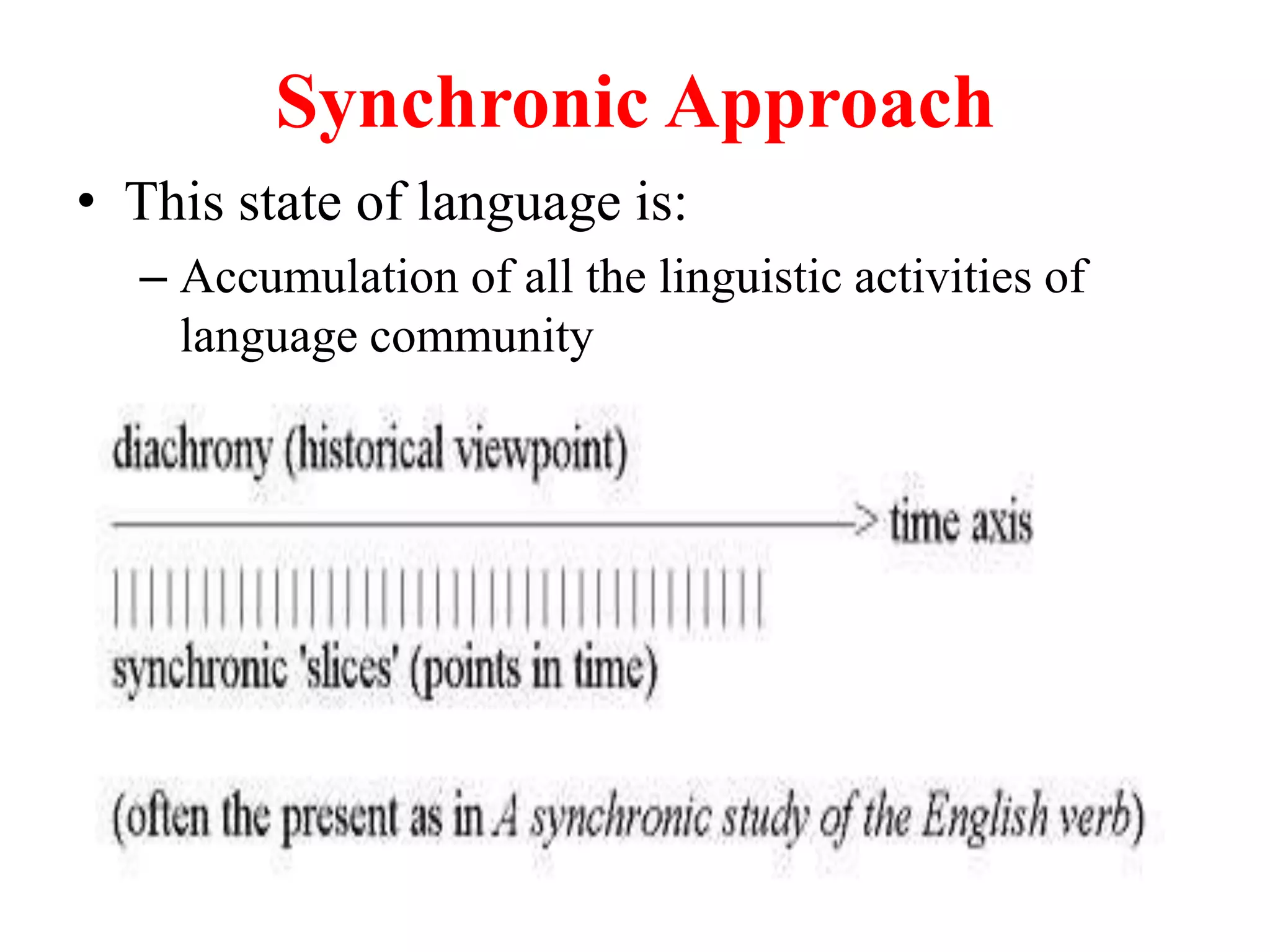Synchronic Approach
• This state of language is:
– Accumulation of all the linguistic activities of
language community
 