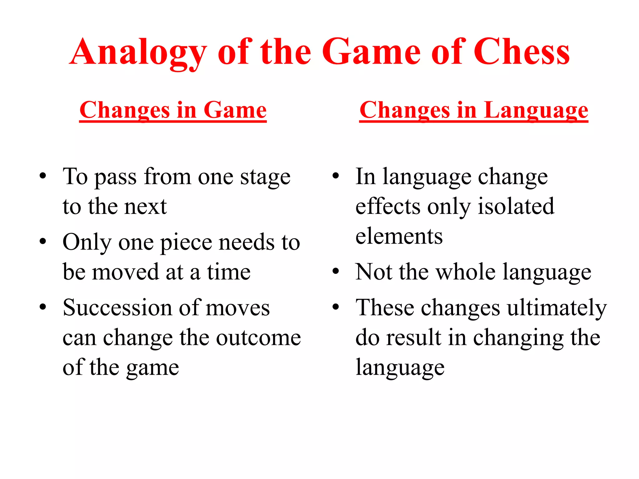 Analogy of the Game of Chess
Changes in Game
• To pass from one stage
to the next
• Only one piece needs to
be moved at a time
• Succession of moves
can change the outcome
of the game
Changes in Language
• In language change
effects only isolated
elements
• Not the whole language
• These changes ultimately
do result in changing the
language
 