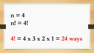 n = 4
n! = 4!
4! = 4 x 3 x 2 x 1 = 24 ways
 