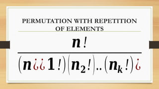 PERMUTATION WITH REPETITION
OF ELEMENTS
𝒏!
(𝒏¿¿𝟏!)(𝒏𝟐!)..(𝒏𝒌 !)¿
 