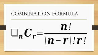 COMBINATION FORMULA
❑𝒏 𝑪𝒓=
𝒏!
(𝒏−𝒓)!𝒓!
 