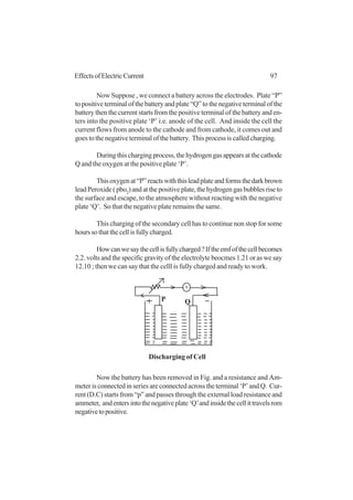 97EffectsofElectricCurrent
Now Suppose , we connect a battery across the electrodes. Plate “P”
to positive terminal of the battery and plate “Q” to the negative terminal of the
battery then the current starts from the positive terminal of the battery and en-
ters into the positive plate ‘P’ i.e. anode of the cell. And inside the cell the
current flows from anode to the cathode and from cathode, it comes out and
goes to the negative terminal of the battery. This process is called charging.
Duringthischargingprocess,thehydrogengasappearsatthecathode
Q and the oxygen at the positive plate ‘P’.
Thisoxygenat“P”reactswiththisleadplateandformsthedarkbrown
leadPeroxide(pbo2
)andatthepositiveplate,thehydrogengasbubblesriseto
the surface and escape, to the atmosphere without reacting with the negative
plate ‘Q’. So that the negative plate remains the same.
This charging of the secondary cell has to continue non stop for some
hourssothatthecellisfullycharged.
Howcanwesaythecellisfullycharged?Iftheemfofthecellbecomes
2.2. volts and the specific gravity of the electrolyte beocmes 1.21 or as we say
12.10 ; then we can say that the celll is fully charged and ready to work.
Now the battery has been removed in Fig. and a resistance and Am-
meter is connected in series are connected across the terminal ‘P’ and Q. Cur-
rent (D.C) starts from “p” and passes through the external load resistance and
ammeter, andentersintothenegativeplate‘Q’andinsidethecellittravelsrom
negativetopositive.
A
P Q
Discharging of Cell
 