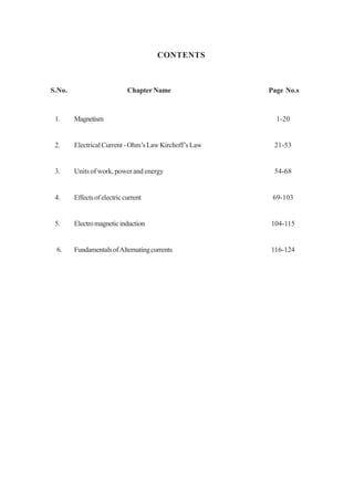CONTENTS
S.No. Chapter Name Page No.s
1. Magnetism 1-20
2. ElectricalCurrent-Ohm’sLawKirchoff’sLaw 21-53
3. Units of work, power and energy 54-68
4. Effectsofelectriccurrent 69-103
5. Electromagneticinduction 104-115
6. FundamentalsofAlternatingcurrents 116-124
 