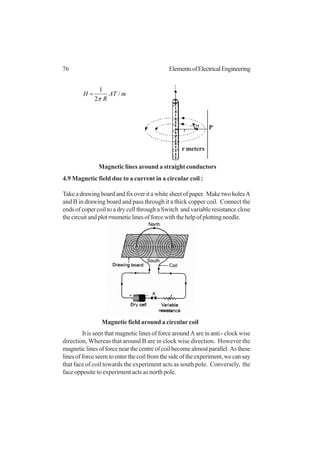 76 ElementsofElectricalEngineering
mAT
R
H /
2
1
π
=
4.9 Magnetic field due to a current in a circular coil :
Takeadrawingboardandfixoveritawhitesheetofpaper. MaketwoholesA
and B in drawing board and pass through it a thick copper coil. Connect the
ends of coper coil to a dry cell through a Switch and variable resistance close
thecircuitandplotmagneticlinesofforcewiththehelpofplottingneedle.
It is seen that magnetic lines of force around A are in anti - clock wise
direction, Whereas that around B are in clock wise direction. However the
magneticlinesofforcenearthecentreofcoilbecomealmostparallel.Asthese
linesofforceseemtoenterthecoilfromthesideoftheexperiment,wecansay
that face of coil towards the experiment acts as south pole. Conversely, the
face opposite to experiment acts as north pole.
Magnetic lines around a straight conductors
P
r meters
Magnetic field around a circular coil
 
