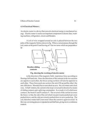 81EffectsofElectricCurrent
4.14 Electrical Motors :
An electric motor is a device that converts electrical energy to mechanical en-
ergy. Electricmotorisusedasanimportentcomponentinelectricfans,wash-
ingmachines,refrigerators,mixersandblenders.
A coil of wire wrapped around an axle is placed between the two
polesofthemagneticfieldasshowninfig. Whenacurrentpassesthroughthe
coil,entersatthepointXandleavingatYthetwoarmswhichareperpendicu-
lar
to the direction of the magnetic field, experience force according to
flemingslefthandrule. Sincethedirectionsofthecurrentsinthetwosections
are oppsite to each other, the forces acting on them will also be opposite to
each other. These force push one section ( the arm CD) up and the other ( the
arm AB) down. Mounted free to turn about an axis, the coil rotates anti clock
wise. Athalf rotation,thecurrentintheloopisreversedindirectionbymeans
of sliding contacts and a split ring commutator. As a result, it is Q which now
contacts, the brush X and PcontactsY. The reversal of the current reverses
the forces so that, the side of the coil which was previously pushed up is now
pushed down, and the side previoiusly pushed down in now pushed up. The
coil, therefore rotates half a turn more where the current is again reversed. In
thiswayareversingprocessisrepeatedateachhalfturn,givingrisetoacontinious
rotation.
Brushes sliding
contents
N
B C
A
D
N
X Y
P Q
Fig. showing the working of electric motor
 
