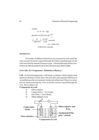 92 ElementsofElectricalEngineering
coulombs
Z
coulombs
z
m
QyElectricitofQuantity
ZQItZm
solution
816.13416
)001118.0(
1118
1015
001118.
15 6
=
=
×
=





=
=
=×=
Second Law :
If a number of different electrolytes are connected in series and if the
same amount of current is passed through all of them simultaneously for the
sametimethentheamountofmassesingms. Liberatedthroughalltheseelec-
trolytesaredirectlyproportionaltotheirchemicalequivalentweights.
4.31 Cells- It’s Components - Definition of Battery :
Cell : Inelectricalengineering,acellmeansacontainer,whichcontainssome
chemical substances which react with each other and a potential difference is
created between the two terminals Anode and cathode and if these two termi-
nals are Joined externally by a wire, an electric current is passed through this
wire, this is called a cell.
Components of a cell :
1) Glasscontainer
2) Copper plate ( + Ve)Anode :
3) Zinc Plate ( - Ve) Cathode
4) DiluteSulphuricAcid.
Copper plate
- Anode
Dilute sulpuric acid
AmalgamatedZinc
plate - cathode
A
H2
So4
Glass container
Components of a cell
 