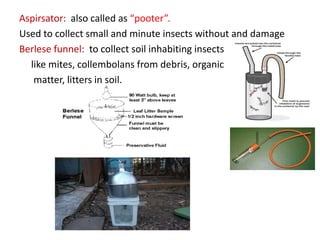 Aspirsator: also called as “pooter”.
Used to collect small and minute insects without and damage
Berlese funnel: to collect soil inhabiting insects
like mites, collembolans from debris, organic
matter, litters in soil.
 