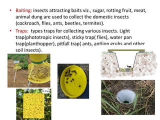 • Baiting: insects attracting baits viz., sugar, rotting fruit, meat,
animal dung are used to collect the domestic insects
(cockroach, flies, ants, beetles, termites).
• Traps: types traps for collecting various insects. Light
trap(phototropic insects), sticky trap( flies), water pan
trap(planthopper), pitfall trap( ants, antlion grubs and other
soil insects).
 