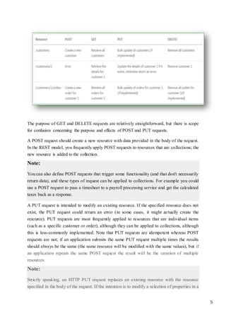 5
The purpose of GET and DELETE requests are relatively straightforward, but there is scope
for confusion concerning the purpose and effects of POST and PUT requests.
A POST request should create a new resource with data provided in the body of the request.
In the REST model, you frequently apply POST requests to resources that are collections; the
new resource is added to the collection.
Note:
You can also define POST requests that trigger some functionality (and that don't necessarily
return data), and these types of request can be applied to collections. For example you could
use a POST request to pass a timesheet to a payroll processing service and get the calculated
taxes back as a response.
A PUT request is intended to modify an existing resource. If the specified resource does not
exist, the PUT request could return an error (in some cases, it might actually create the
resource). PUT requests are most frequently applied to resources that are individual items
(such as a specific customer or order), although they can be applied to collections, although
this is less-commonly implemented. Note that PUT requests are idempotent whereas POST
requests are not; if an application submits the same PUT request multiple times the results
should always be the same (the same resource will be modified with the same values), but if
an application repeats the same POST request the result will be the creation of multiple
resources.
Note:
Strictly speaking, an HTTP PUT request replaces an existing resource with the resource
specified in the body of the request. If the intention is to modify a selection of properties in a
 