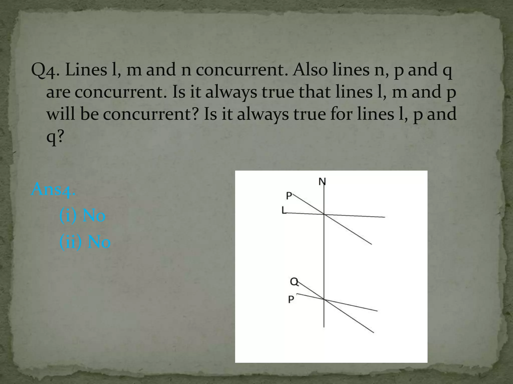 Q4. Lines l, m and n concurrent. Also lines n, p and q
are concurrent. Is it always true that lines l, m and p
will be concurrent? Is it always true for lines l, p and
q?
Ans4.
(i) No
(ii) No

 