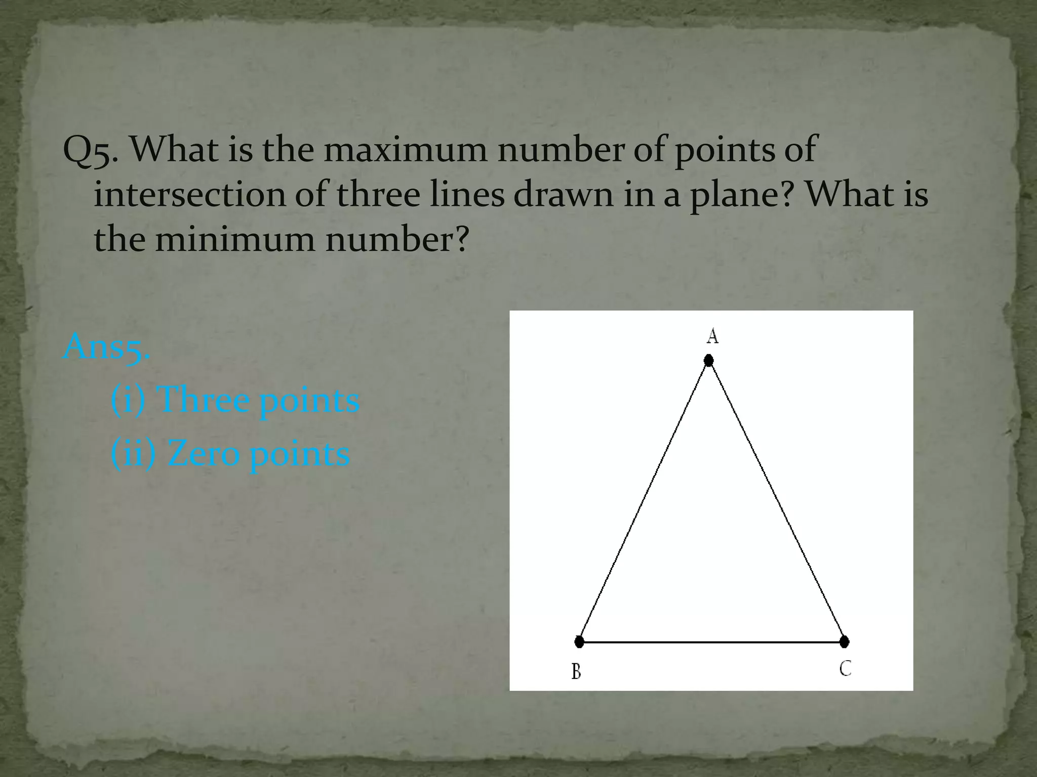 Q5. What is the maximum number of points of
intersection of three lines drawn in a plane? What is
the minimum number?
Ans5.
(i) Three points
(ii) Zero points

 