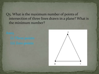 Q5. What is the maximum number of points of
intersection of three lines drawn in a plane? What is
the minimum number?
Ans5.
(i) Three points
(ii) Zero points

 