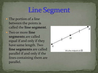  The portion of a line

between the points is
called the line segment.
 Two or more line
segments are called
equal if and only if they
have same length. Two
line segments are called
parallel if and only if the
lines containing them are
parallel.

 